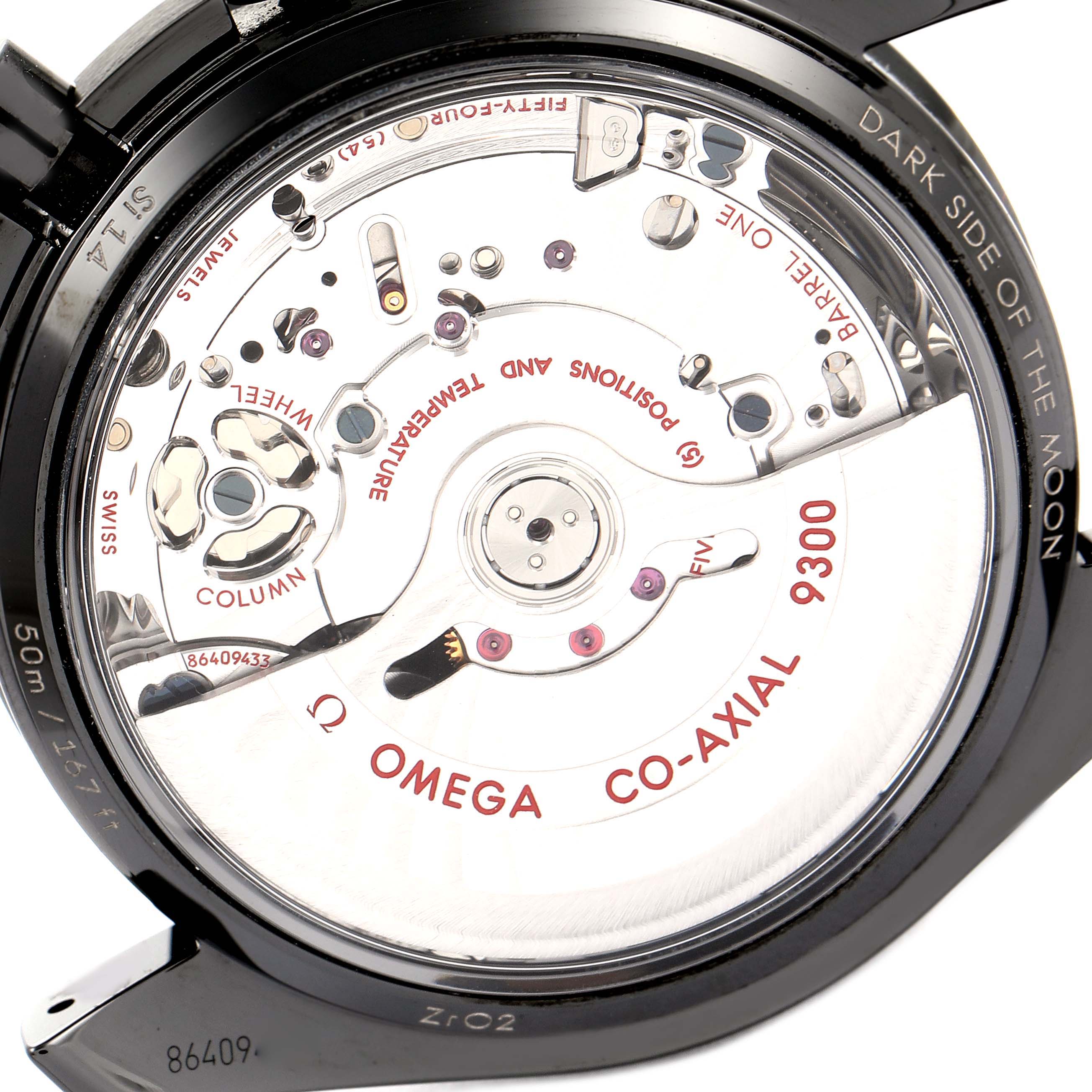 This image shows the back view of an Omega Speedmaster 311.92.44.51.01.005 Men's Stainless Steel Black Dial 311.92.44.51.01.005 Men's Stainless Steel Black Dial watch, highlighting the co-axial 9300 movement.