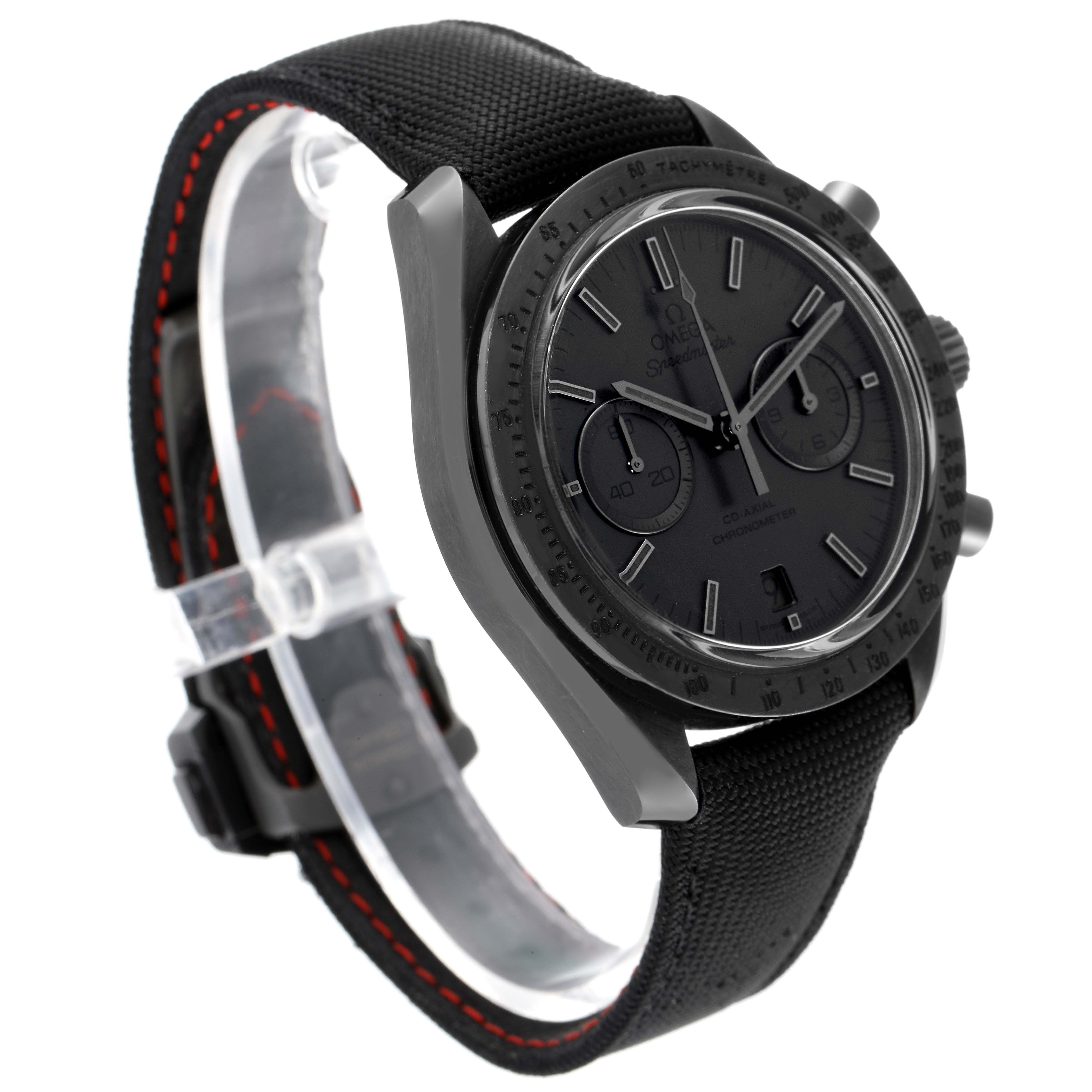 This image showcases an Omega Speedmaster 311.92.44.51.01.005 Men's Stainless Steel Black Dial 311.92.44.51.01.005 Men's Stainless Steel Black Dial watch angled from the front-left, highlighting the face, bezel, and strap.