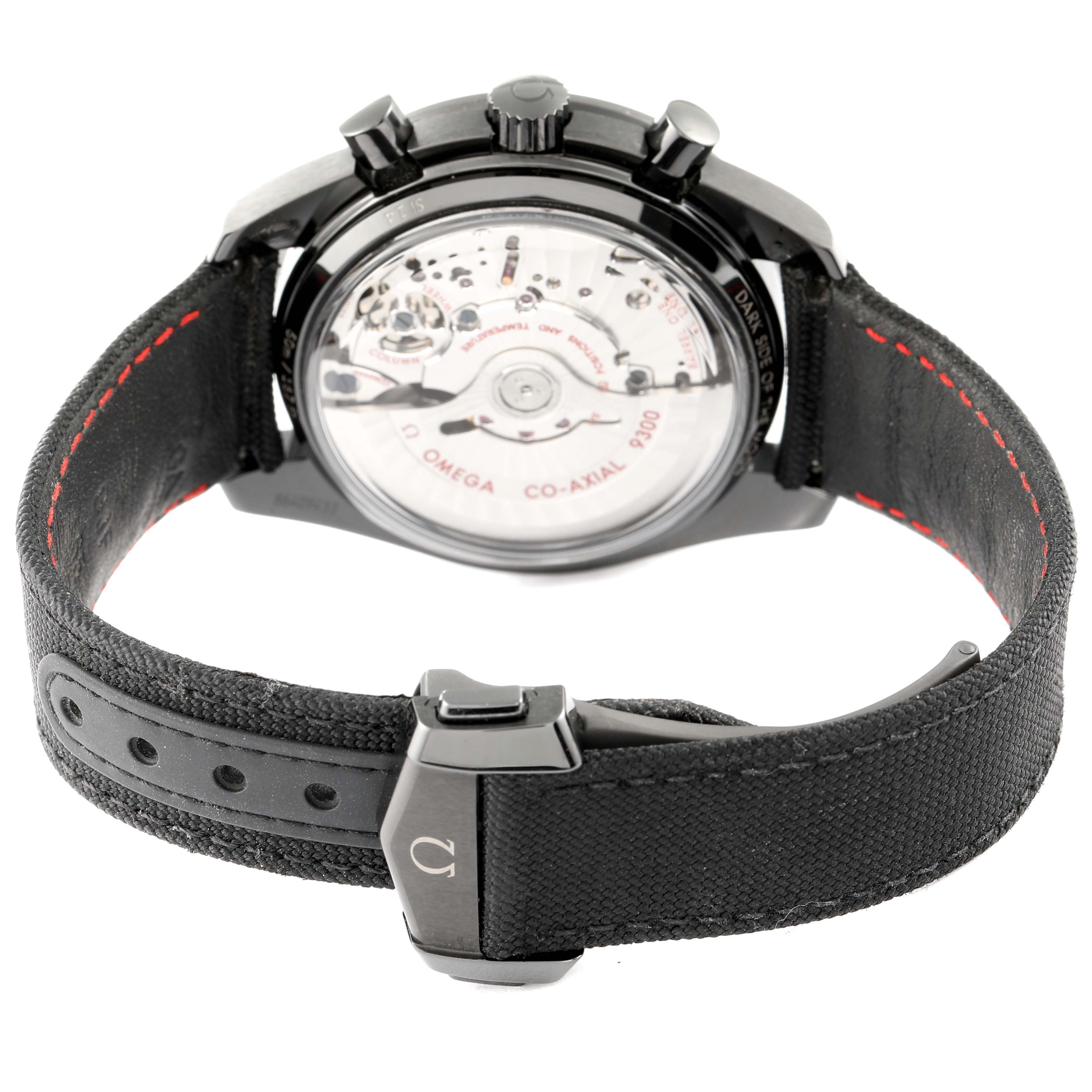 The image shows the back side of the Omega Speedmaster 311.92.44.51.01.005 Men's Stainless Steel Black Dial 311.92.44.51.01.005 Men's Stainless Steel Black Dial watch, displaying the transparent case back and black strap.