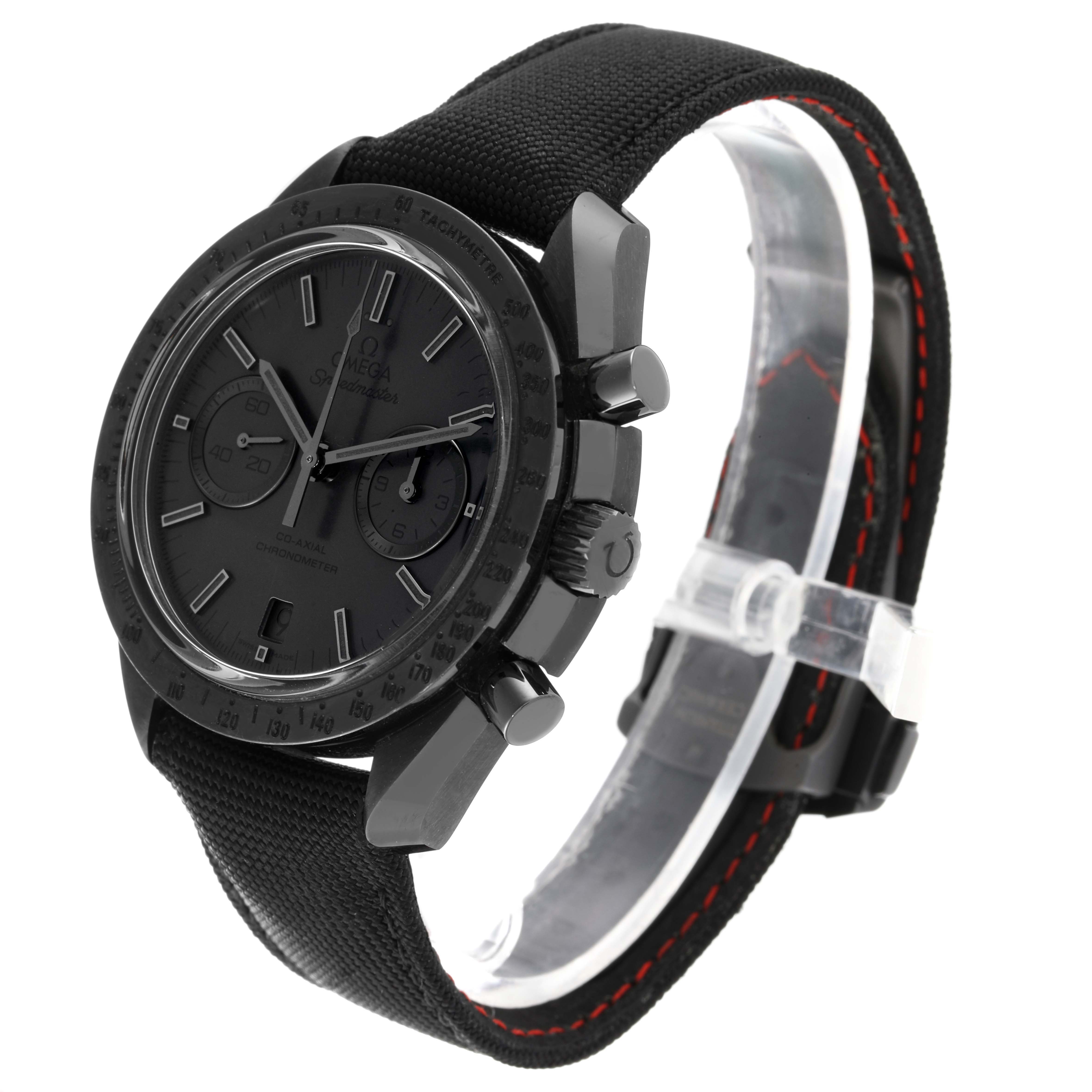 The Omega Speedmaster 311.92.44.51.01.005 Men's Stainless Steel Black Dial 311.92.44.51.01.005 Men's Stainless Steel Black Dial watch shown is angled to display its face, chronograph buttons, and black strap with red stitching.