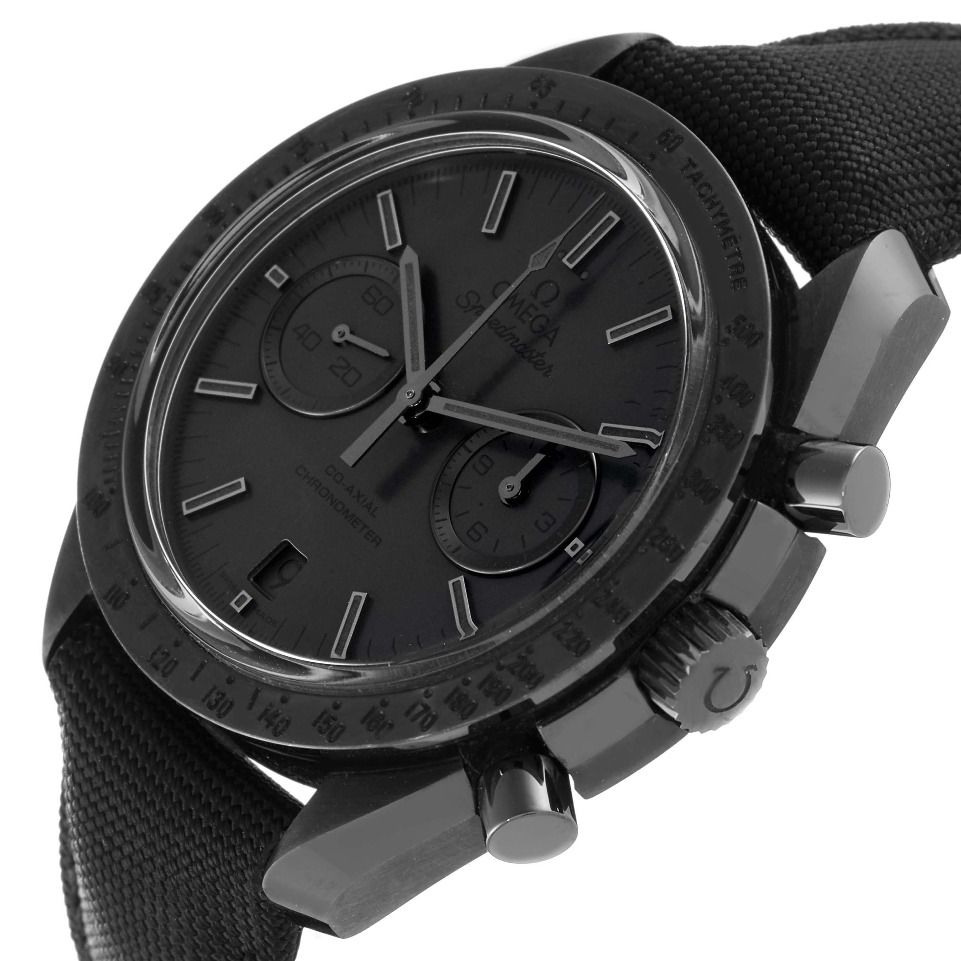 The image shows a partial side and front view of an Omega Speedmaster 311.92.44.51.01.005 Men's Stainless Steel Black Dial 311.92.44.51.01.005 Men's Stainless Steel Black Dial watch, highlighting its dial, bezel, pushers, and crown.