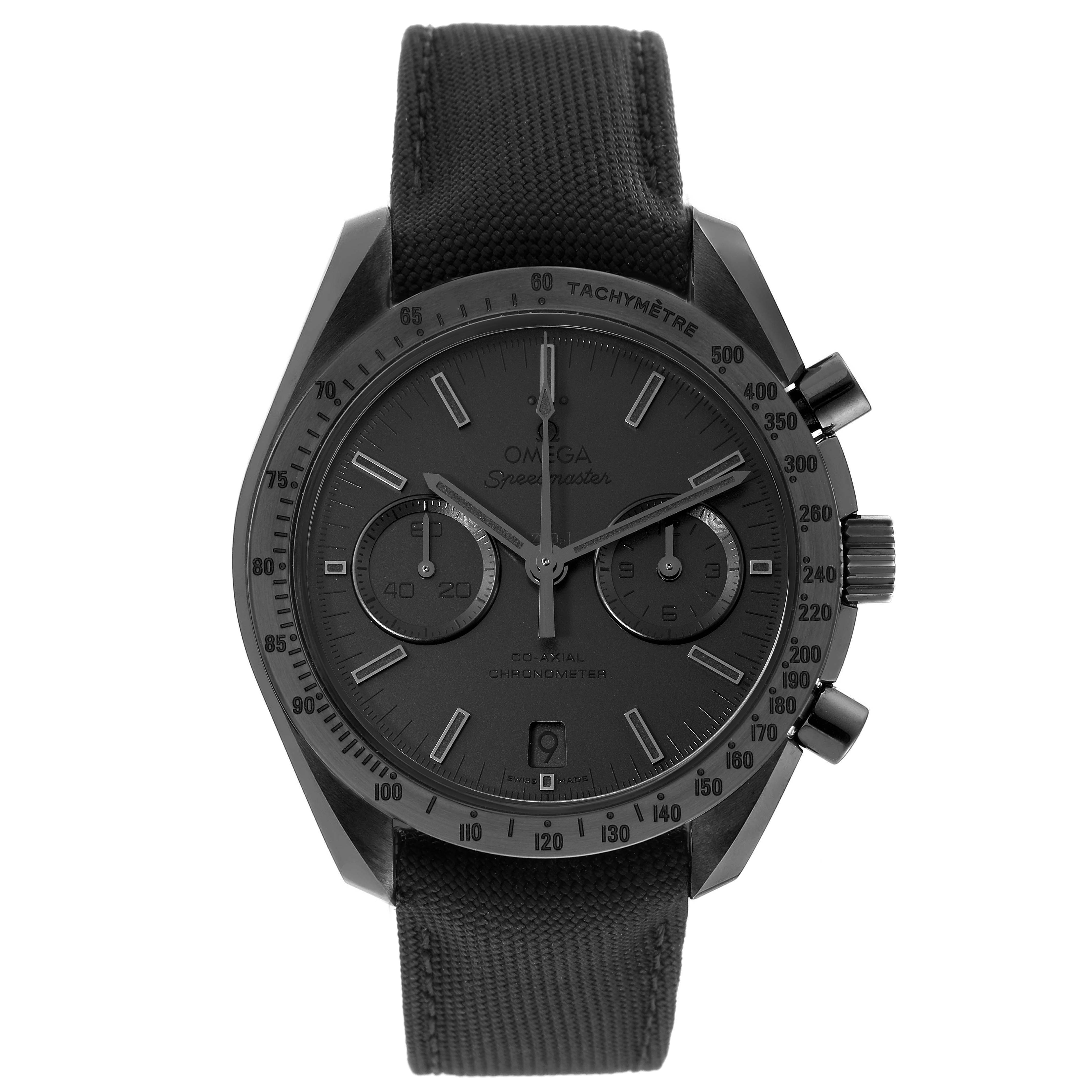 This image shows a front view of the Omega Speedmaster 311.92.44.51.01.005 Men's Stainless Steel Black Dial 311.92.44.51.01.005 Men's Stainless Steel Black Dial watch, featuring its face, bezel, subdials, and strap.