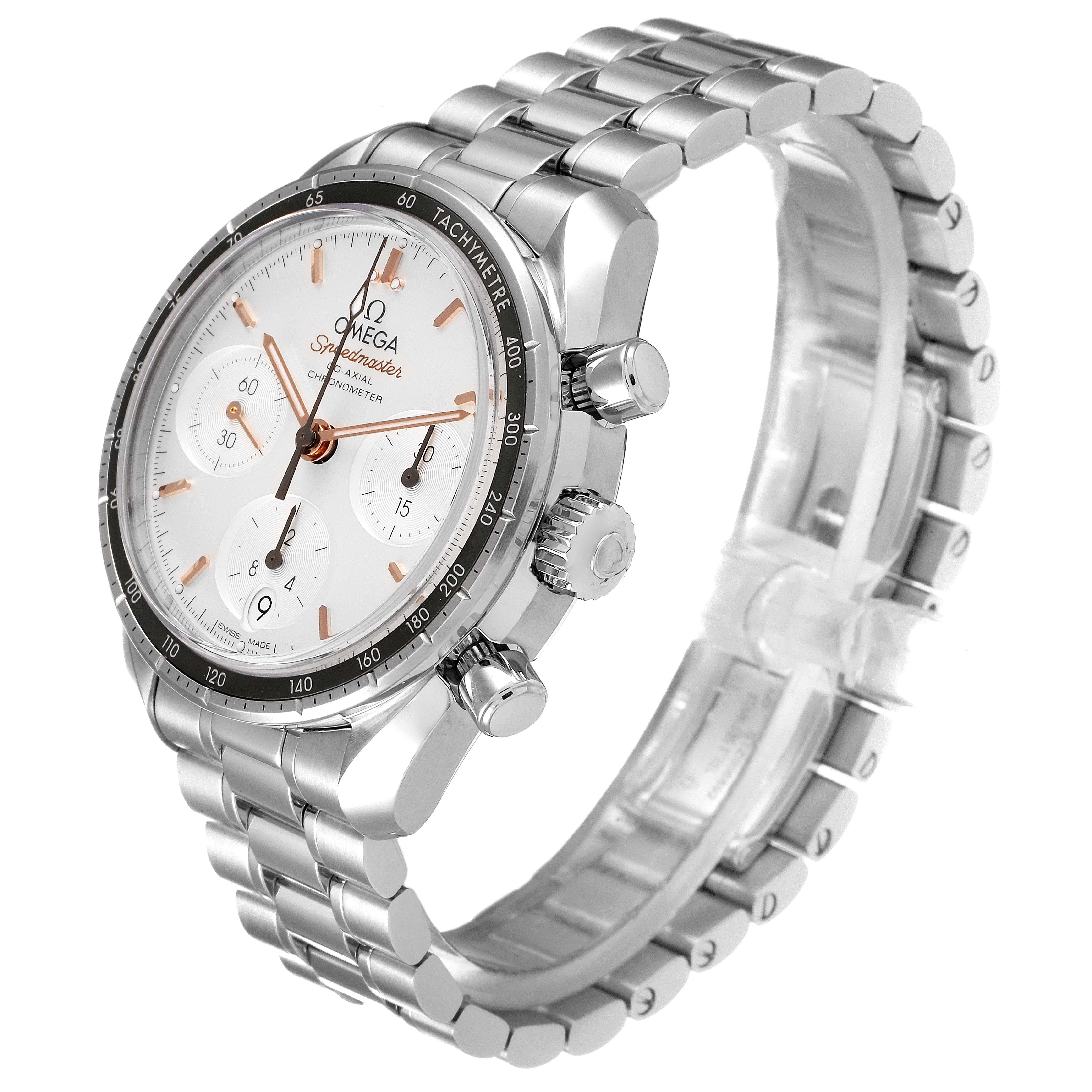 The Omega Speedmaster 324.30.38.50.02.001 Men
s Stainless Steel Silver Dial 324.30.38.50.02.001 Men
s Stainless Steel Silver Dial watch is shown at an angled side view, displaying its dial, bezel, crown, and bracelet.