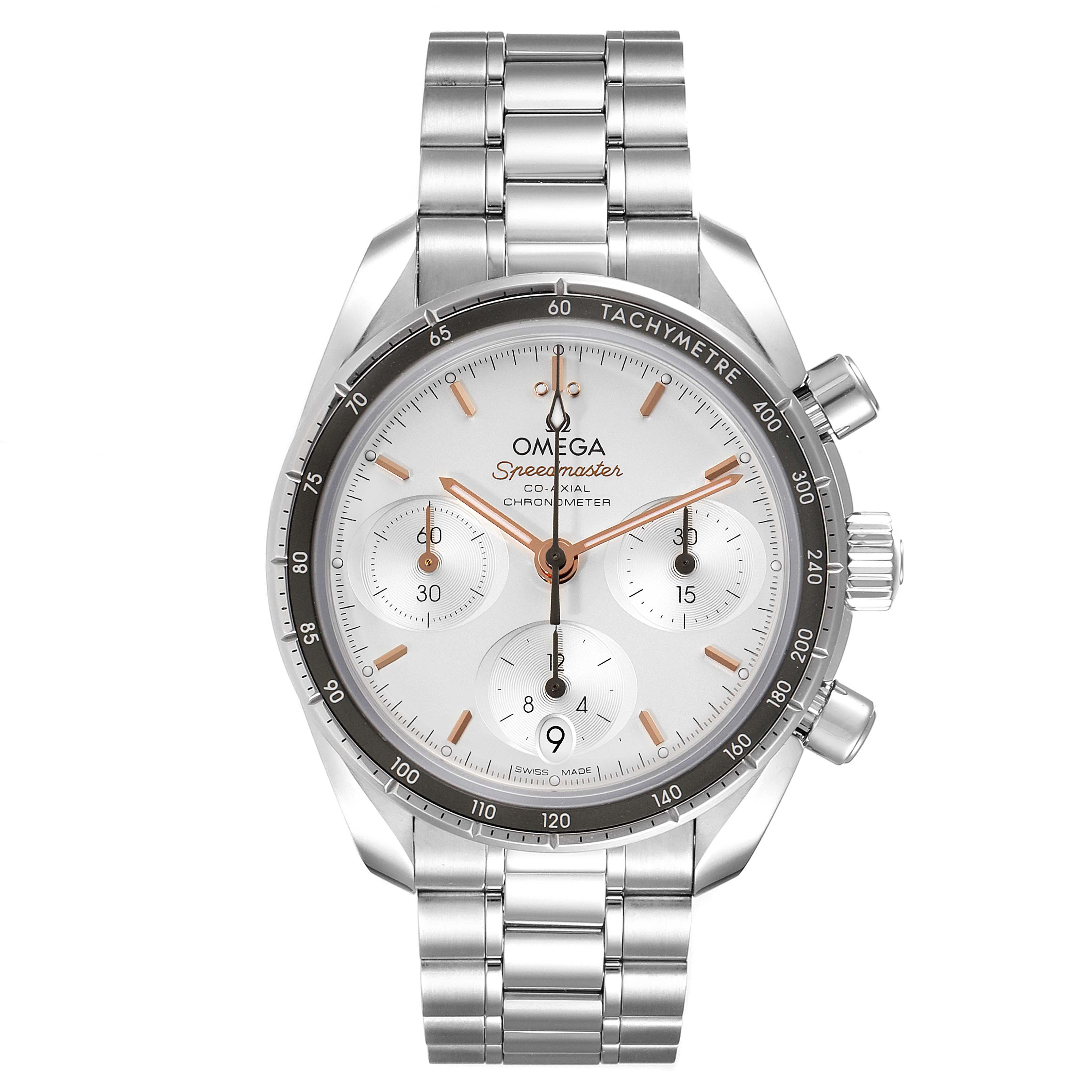 The image shows a frontal view of an Omega Speedmaster 324.30.38.50.02.001 Men
s Stainless Steel Silver Dial 324.30.38.50.02.001 Men
s Stainless Steel Silver Dial watch, displaying its face, bezel, and bracelet.
