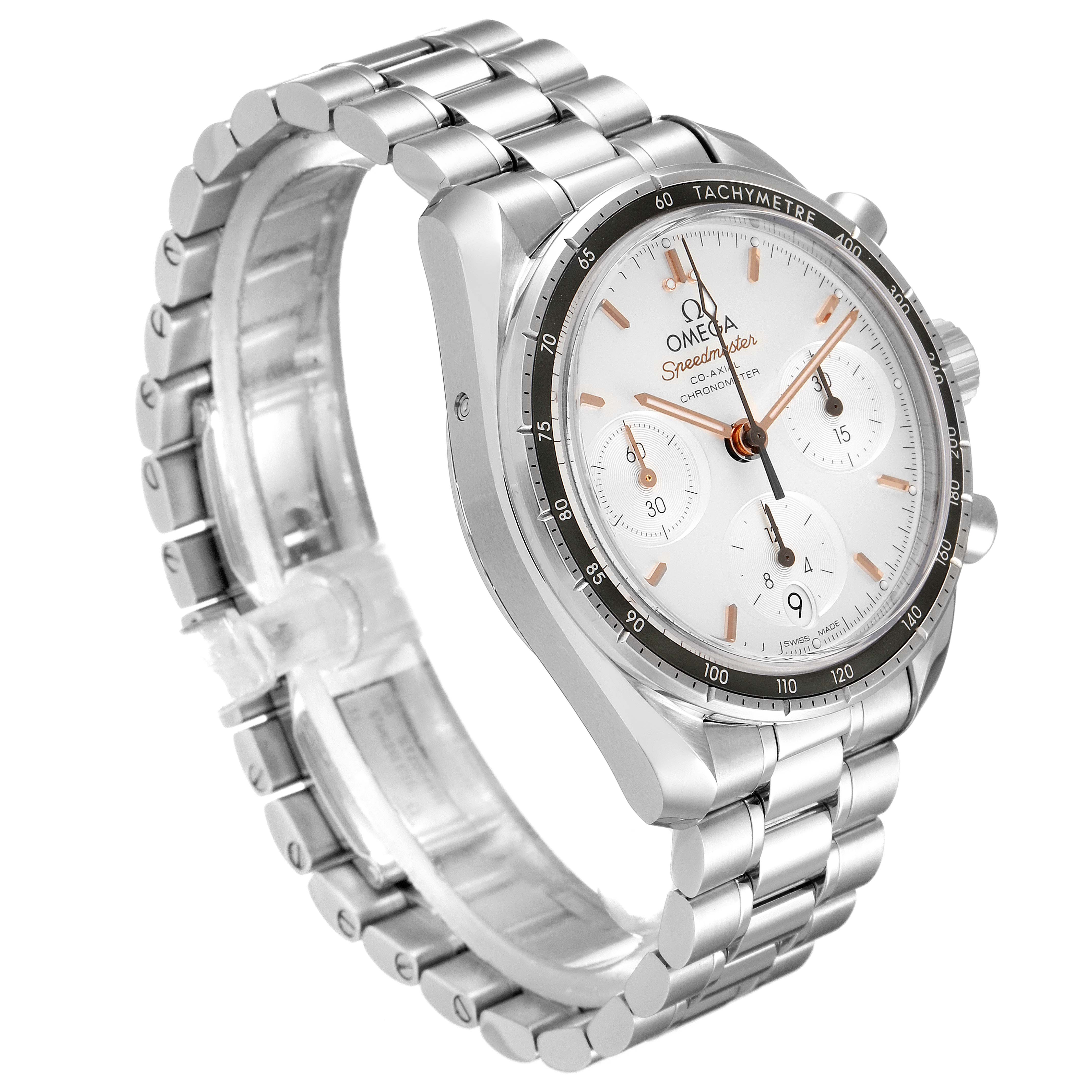 The image shows an angled side view of an Omega Speedmaster 324.30.38.50.02.001 Men
s Stainless Steel Silver Dial 324.30.38.50.02.001 Men
s Stainless Steel Silver Dial watch, highlighting the face, bezel, and bracelet.