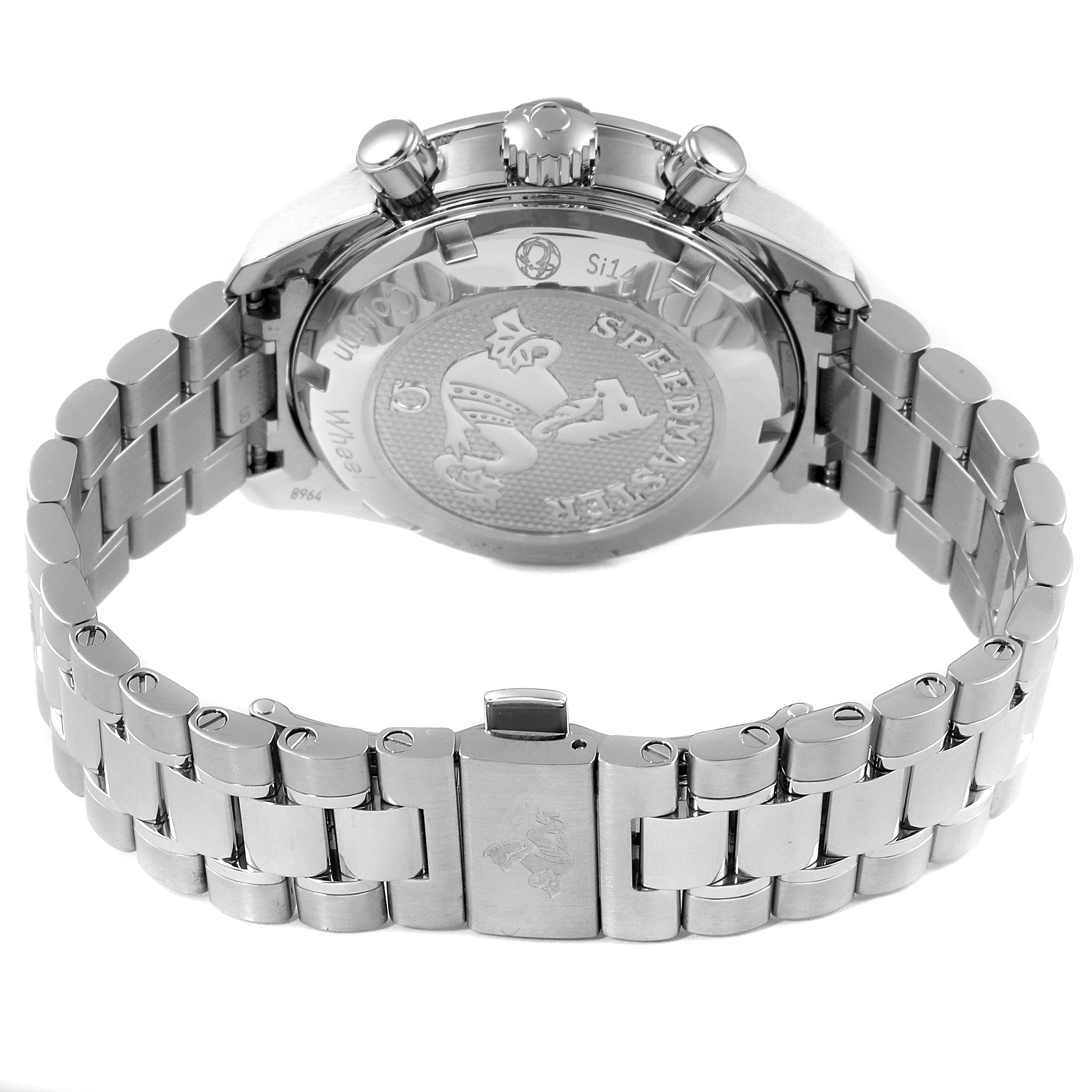 The image shows the back case and bracelet clasp of an Omega Speedmaster 324.30.38.50.02.001 Men
s Stainless Steel Silver Dial 324.30.38.50.02.001 Men
s Stainless Steel Silver Dial watch from a rear angle.