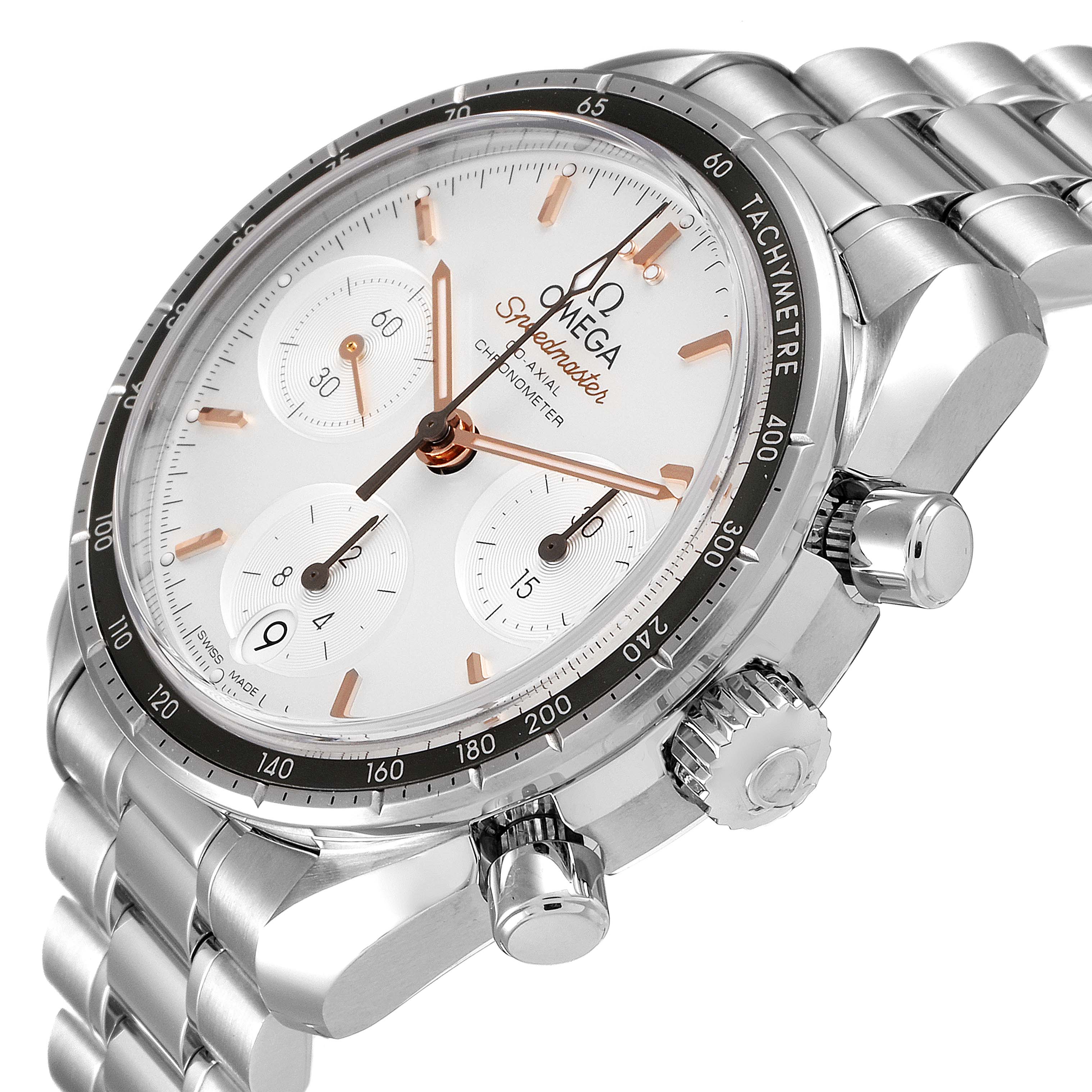 This image shows an Omega Speedmaster 324.30.38.50.02.001 Men
s Stainless Steel Silver Dial 324.30.38.50.02.001 Men
s Stainless Steel Silver Dial watch from a side angle, highlighting the case, dial, crown, pushers, and bracelet.