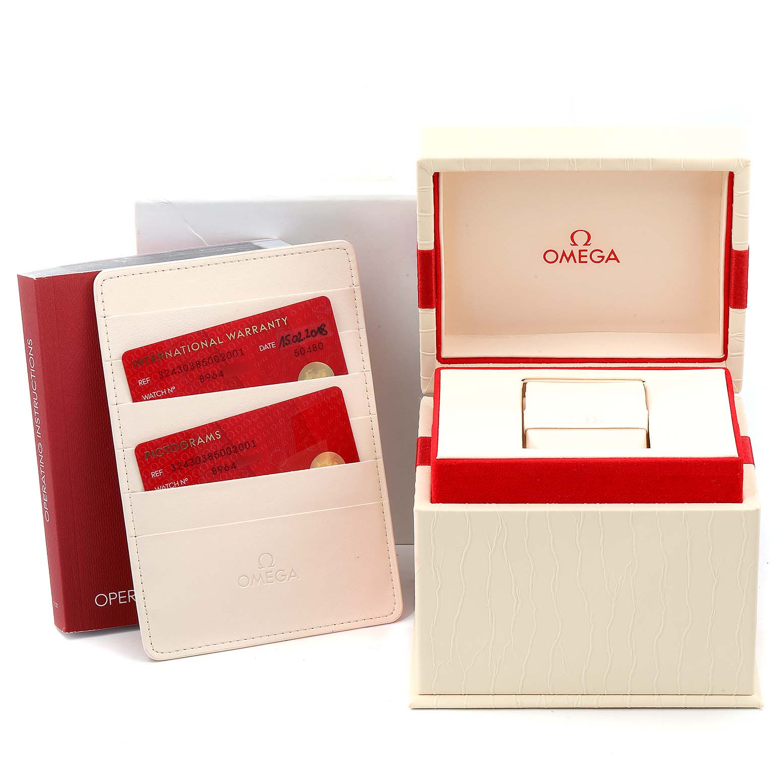 The image shows an Omega Speedmaster 324.30.38.50.02.001 Men
s Stainless Steel Silver Dial 324.30.38.50.02.001 Men
s Stainless Steel Silver Dial watch box, warranty cards, cardholder, and operating instructions booklet.