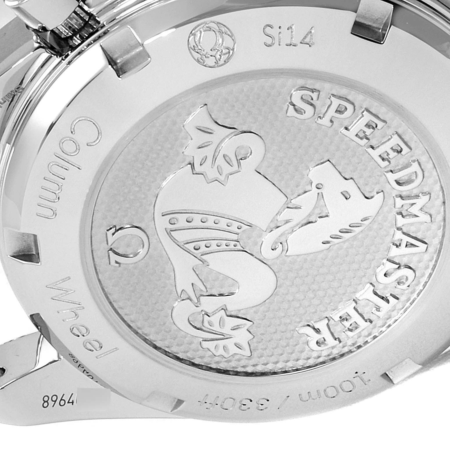 The image shows the back cover of an Omega Speedmaster 324.30.38.50.02.001 Men
s Stainless Steel Silver Dial 324.30.38.50.02.001 Men
s Stainless Steel Silver Dial watch, featuring engraved text and a detailed illustration.