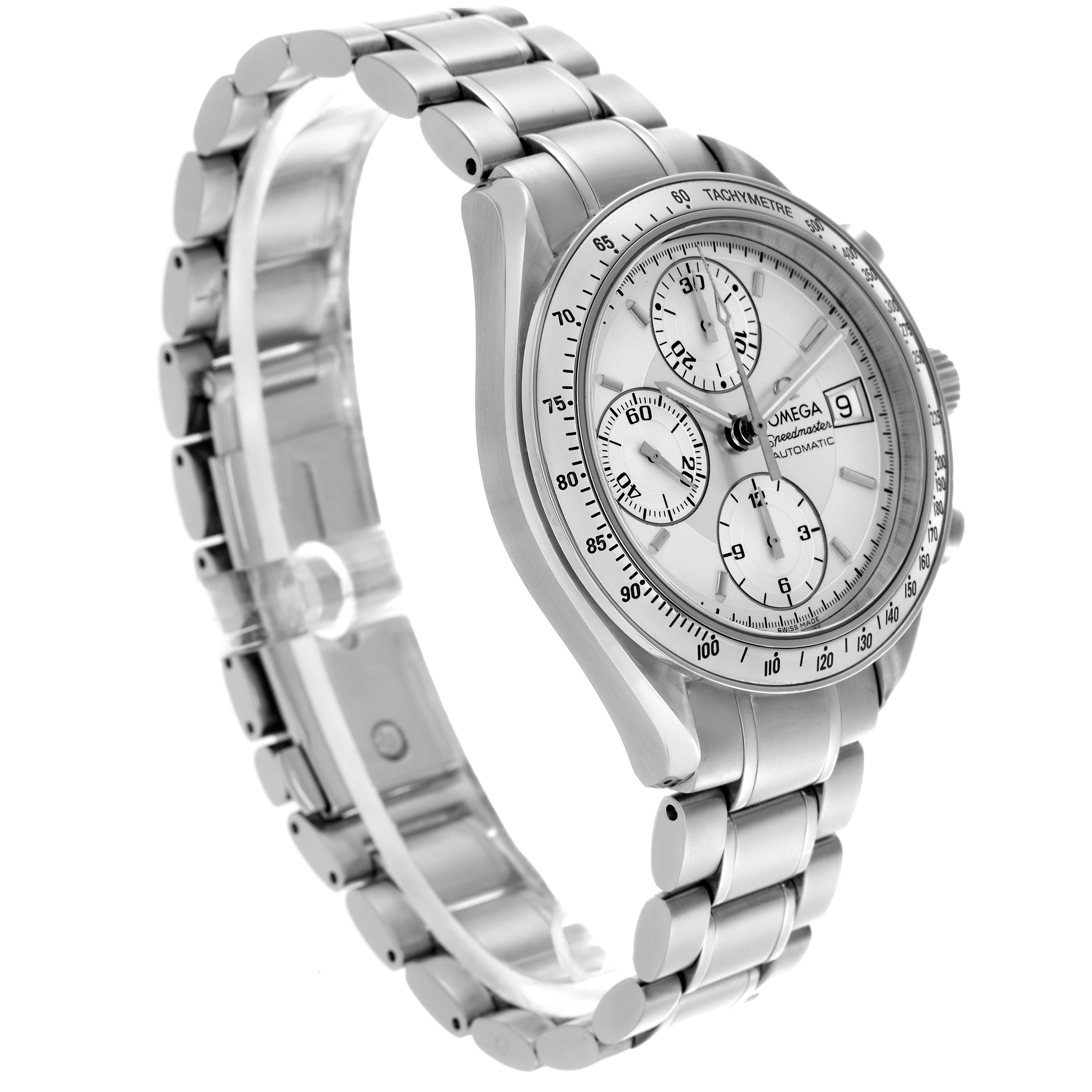 The Omega Speedmaster 3513.30.00 Men
s Stainless Steel Silver Dial 3513.30.00 Men
s Stainless Steel Silver Dial watch is shown at a three-quarter angle displaying the dial, tachymeter bezel, and bracelet.