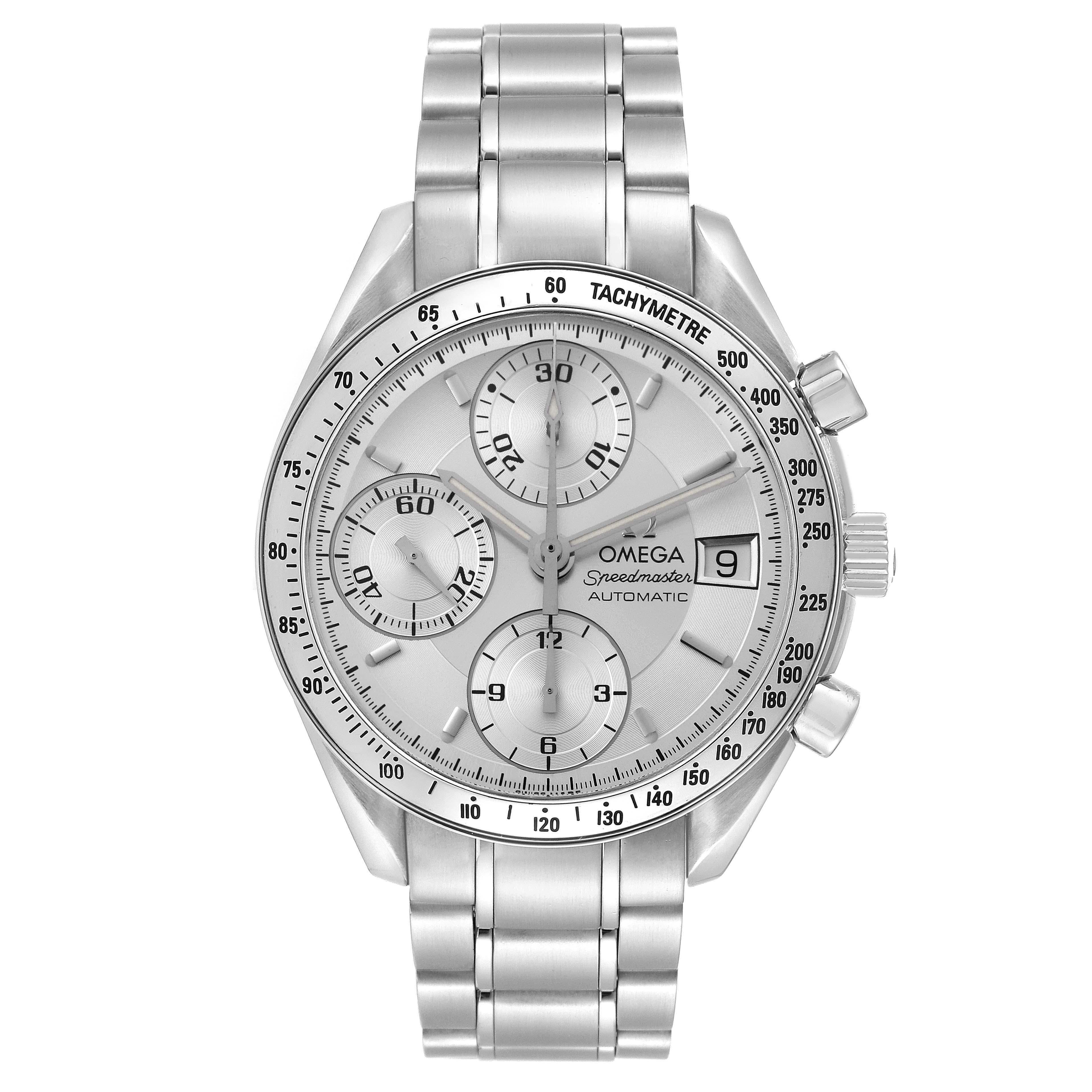 The Omega Speedmaster 3513.30.00 Men
s Stainless Steel Silver Dial 3513.30.00 Men
s Stainless Steel Silver Dial watch is shown from a top-down angle, displaying the dial, subdials, tachymeter bezel, and bracelet.