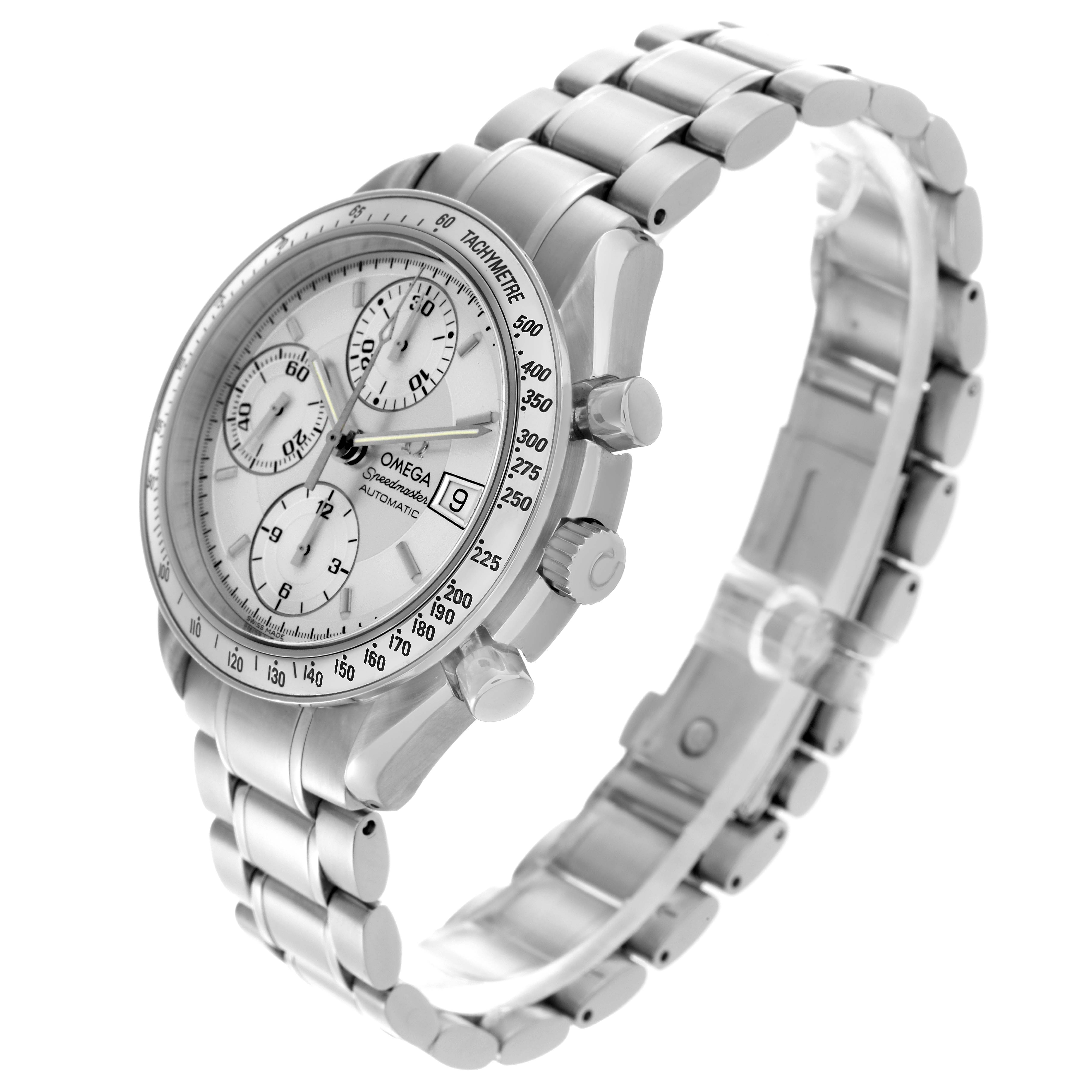 The Omega Speedmaster 3513.30.00 Men
s Stainless Steel Silver Dial 3513.30.00 Men
s Stainless Steel Silver Dial is shown at a three-quarter angle, displaying its face, crown, pushers, and metal bracelet.