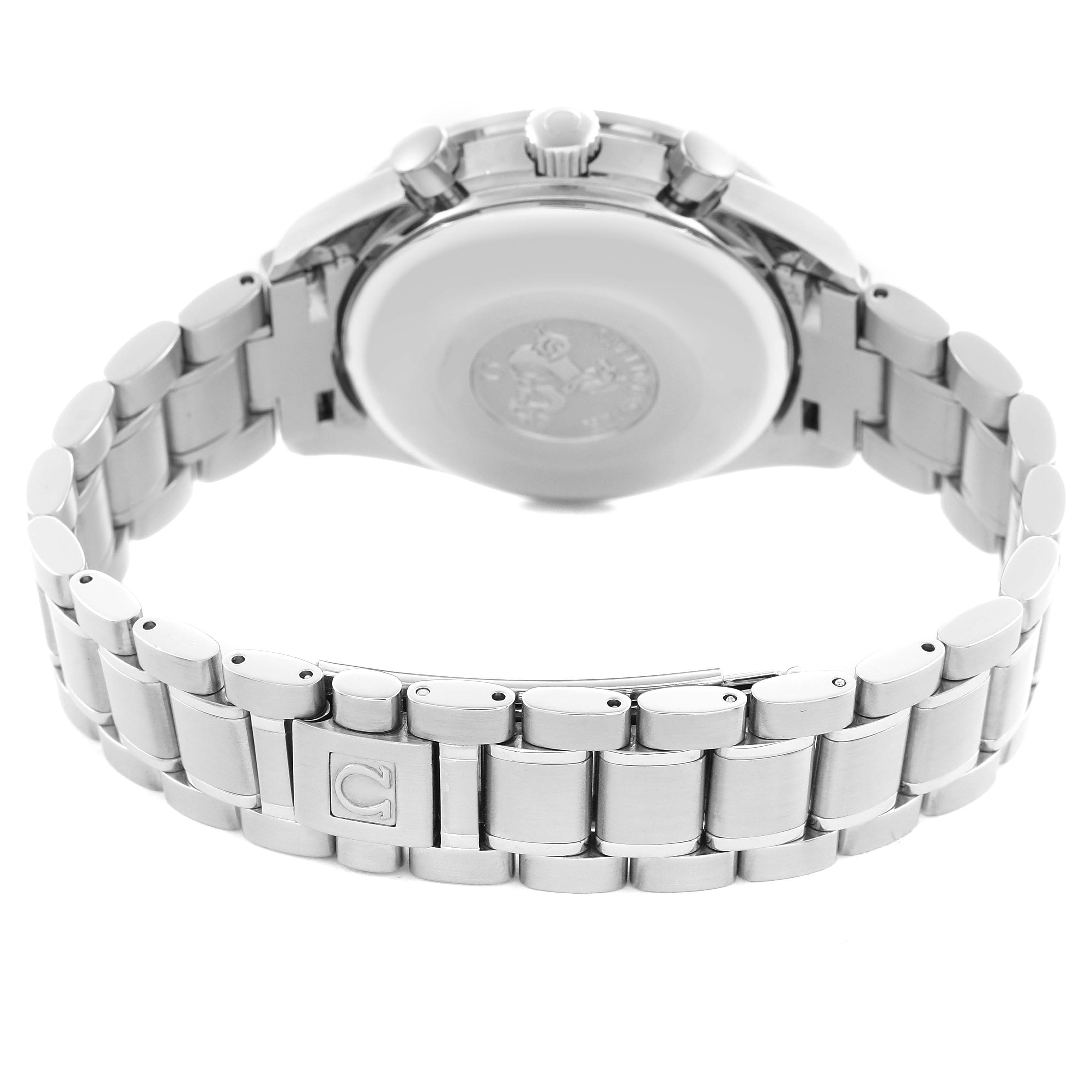 The image shows the back view of an Omega Speedmaster 3513.30.00 Men
s Stainless Steel Silver Dial 3513.30.00 Men
s Stainless Steel Silver Dial watch, highlighting the clasp and bracelet.