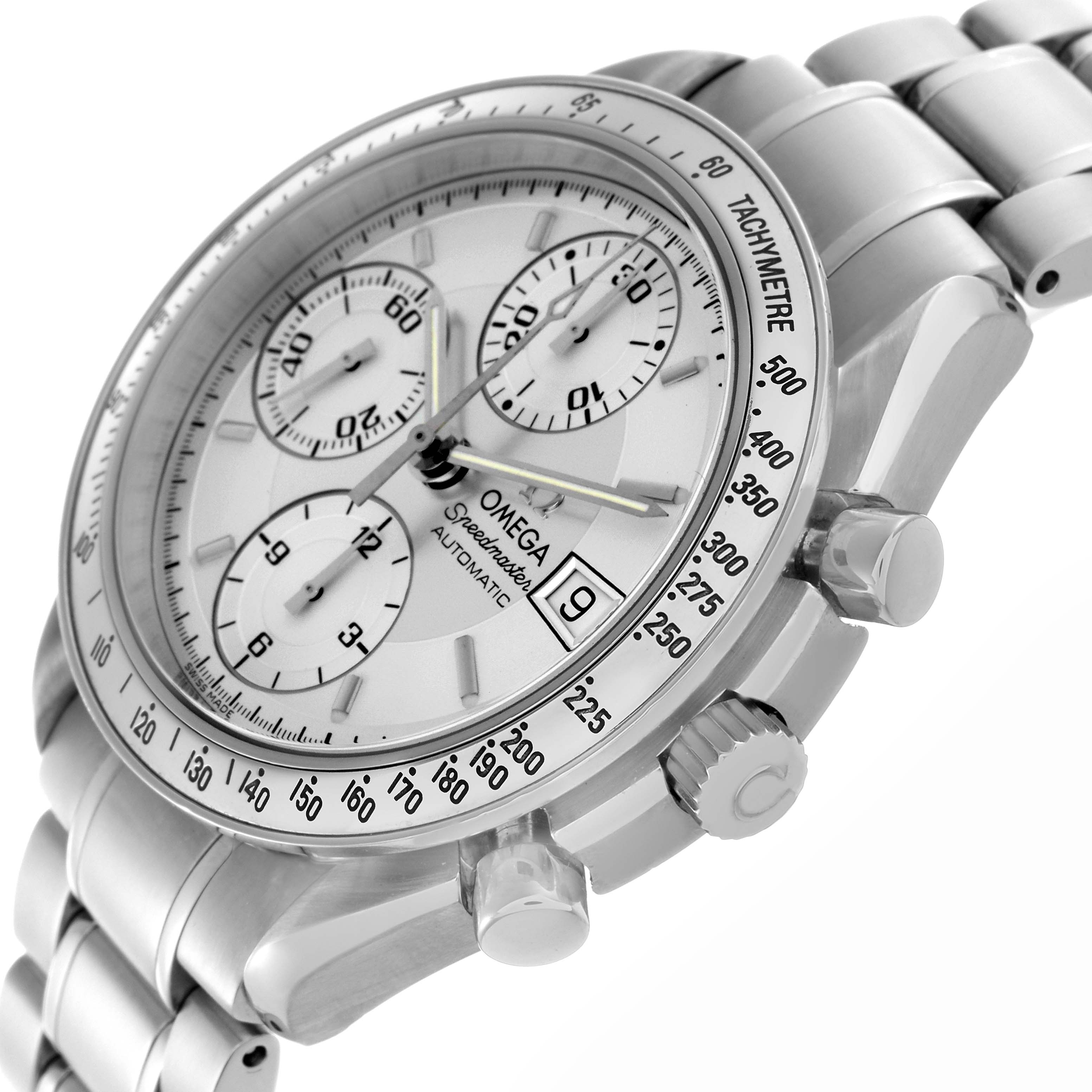 The Omega Speedmaster 3513.30.00 Men
s Stainless Steel Silver Dial 3513.30.00 Men
s Stainless Steel Silver Dial watch is shown at a slight side angle, highlighting the face, bezel, pushers, and part of the bracelet.