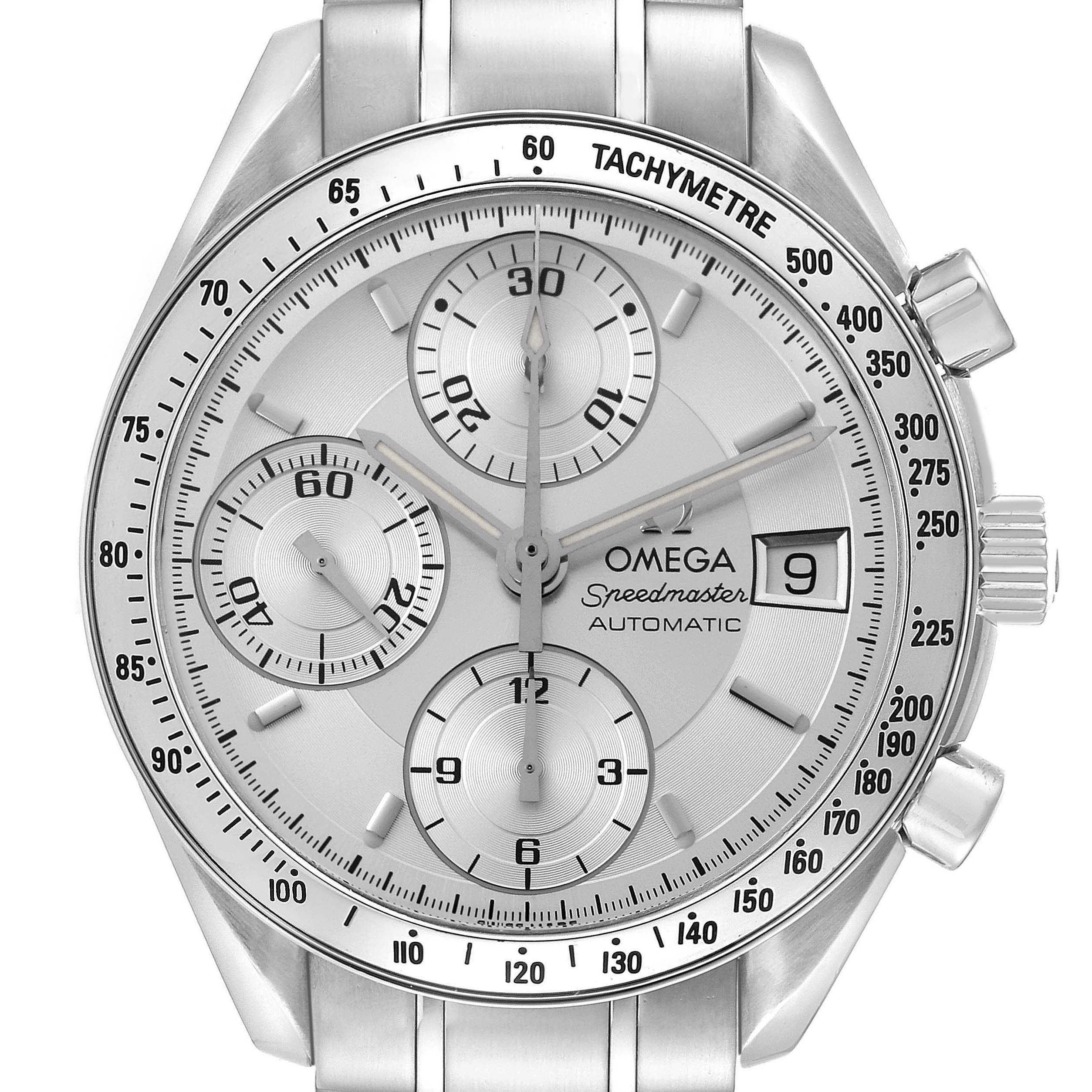 The Omega Speedmaster 3513.30.00 Men
s Stainless Steel Silver Dial 3513.30.00 Men
s Stainless Steel Silver Dial watch is shown head-on, displaying the dial, subdials, tachymeter, and crown.