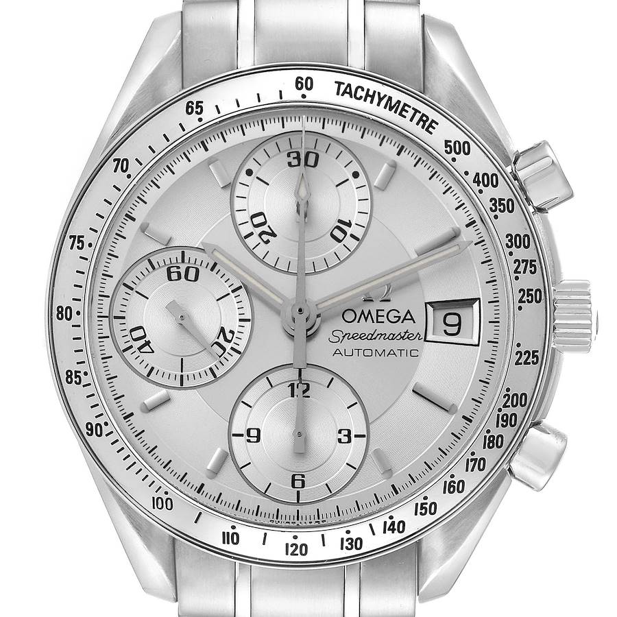 The Omega Speedmaster watch is shown head-on, displaying the dial, subdials, tachymeter, and crown.