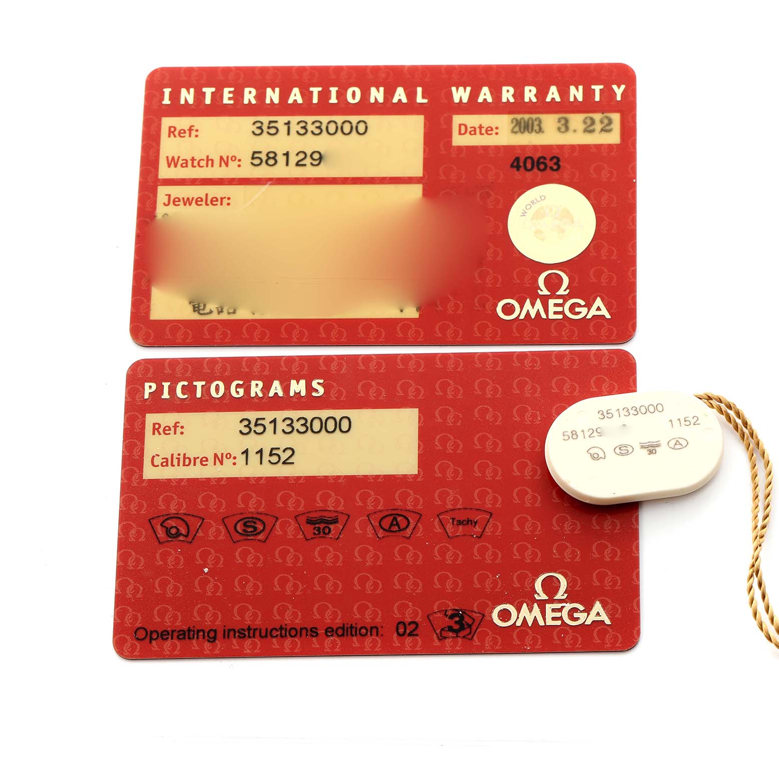 The image shows two Omega Speedmaster 3513.30.00 Men
s Stainless Steel Silver Dial 3513.30.00 Men
s Stainless Steel Silver Dial cards: an international warranty card and a pictograms card, along with a tag.