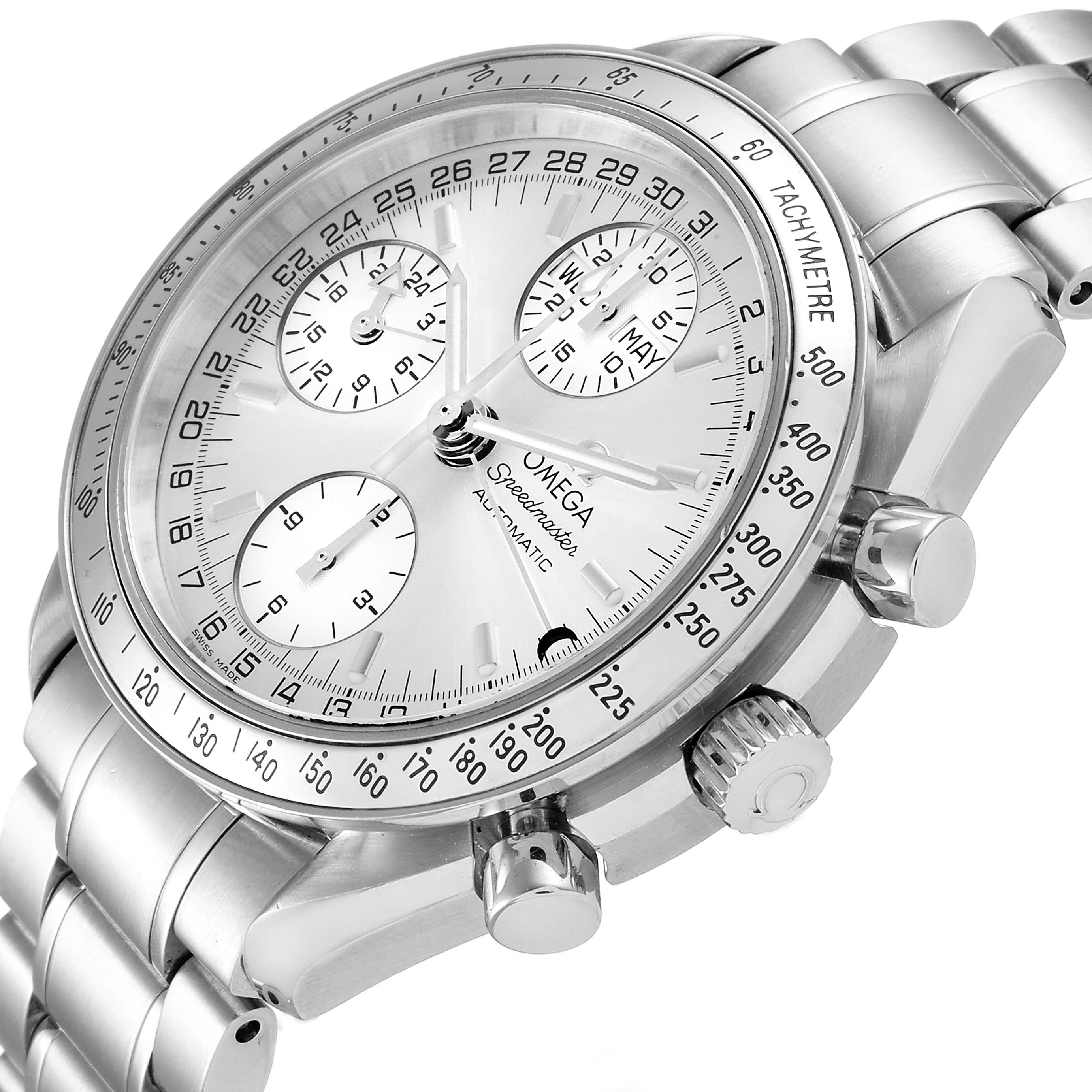 This image shows a close-up angle of an Omega Speedmaster 3523.30.00 Men's Stainless Steel Silver Dial 3523.30.00 Men's Stainless Steel Silver Dial watch, highlighting its face, dial, tachymeter bezel, and control buttons.