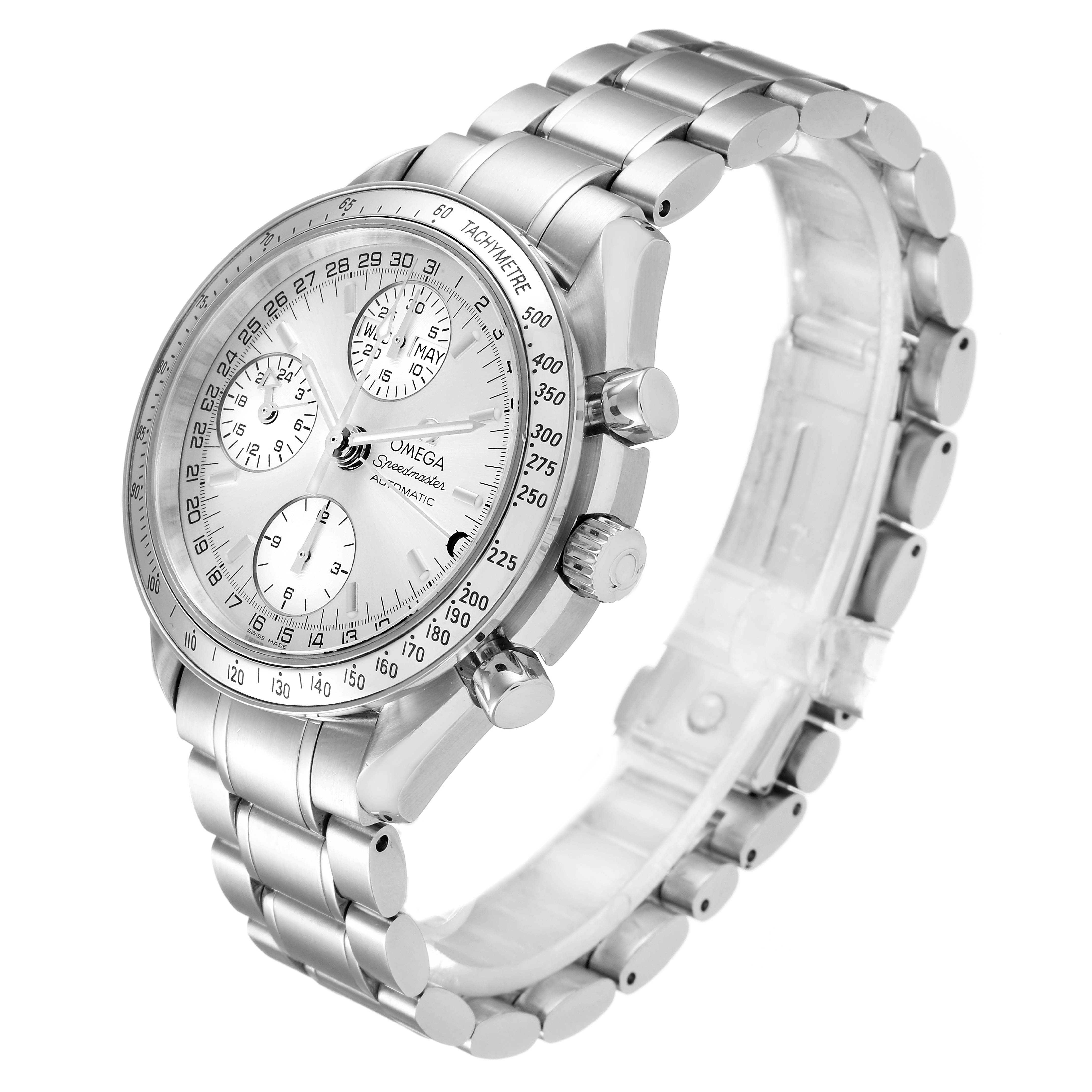 The image shows an angled view of the Omega Speedmaster 3523.30.00 Men's Stainless Steel Silver Dial 3523.30.00 Men's Stainless Steel Silver Dial watch, displaying the case, dial, bezel, bracelet, and pushers.