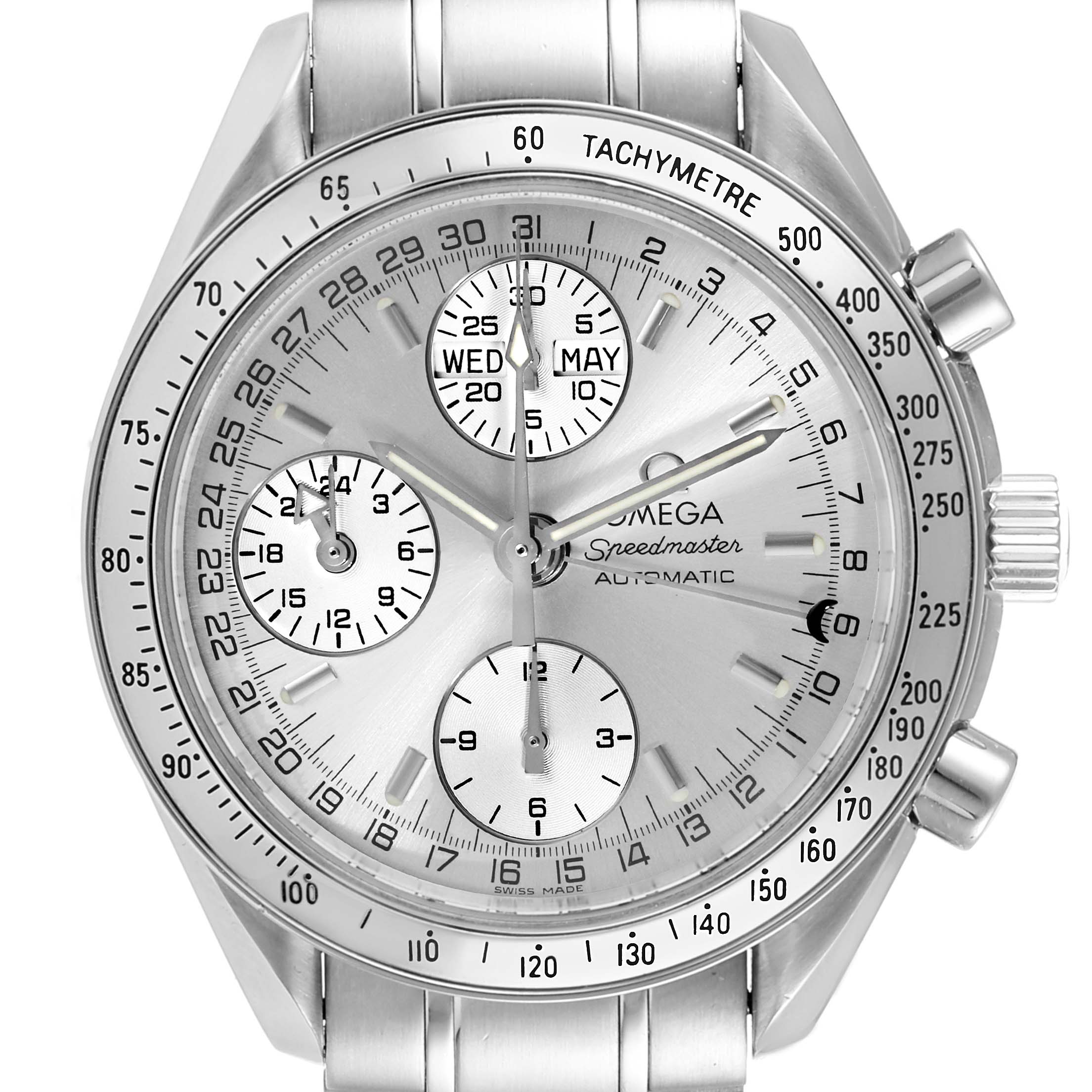 The image shows a front view of an Omega Speedmaster 3523.30.00 Men's Stainless Steel Silver Dial 3523.30.00 Men's Stainless Steel Silver Dial watch, highlighting its dial, sub-dials, and tachymeter bezel.