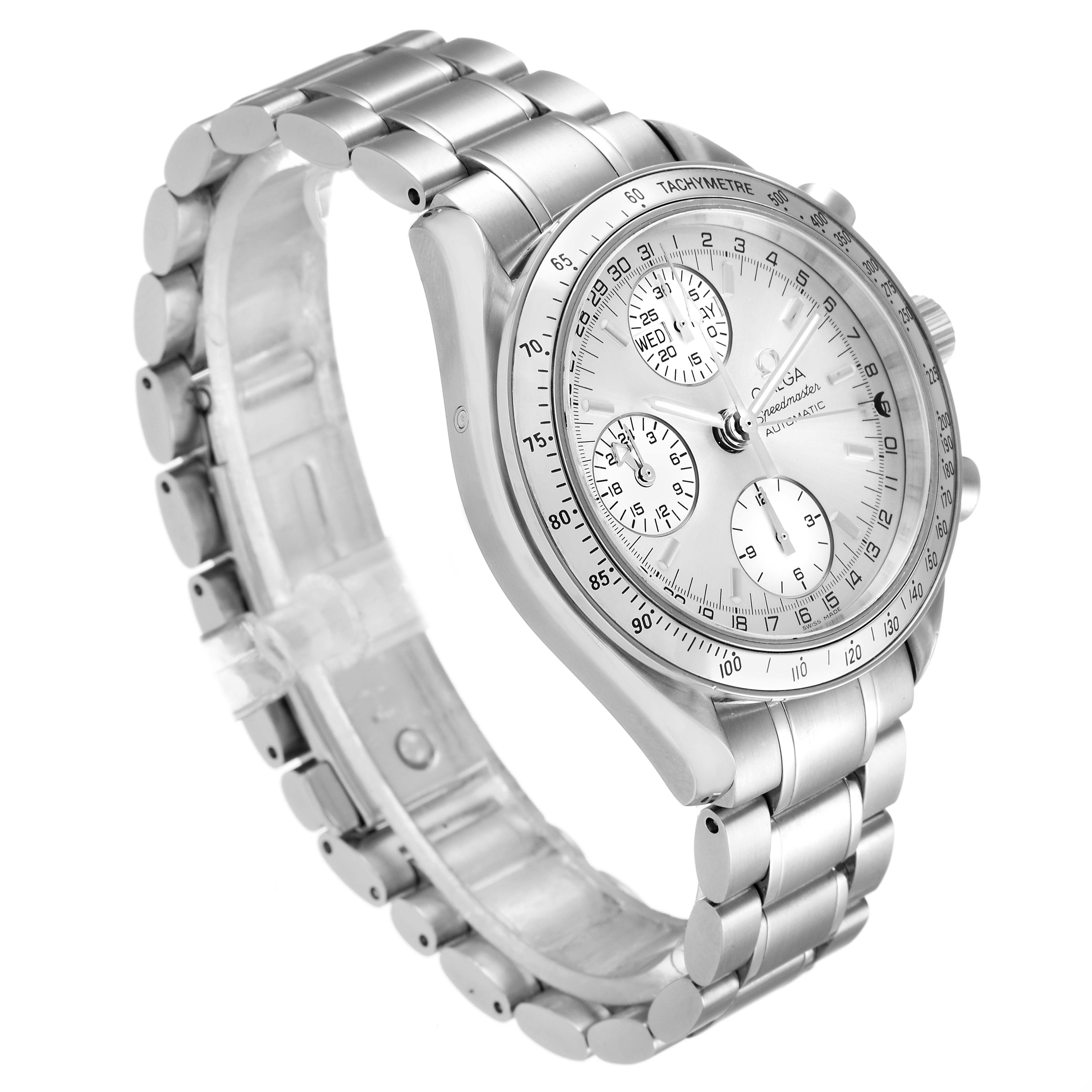 The Omega Speedmaster 3523.30.00 Men's Stainless Steel Silver Dial 3523.30.00 Men's Stainless Steel Silver Dial watch is angled to show the bracelet, face, and chronograph subdials.