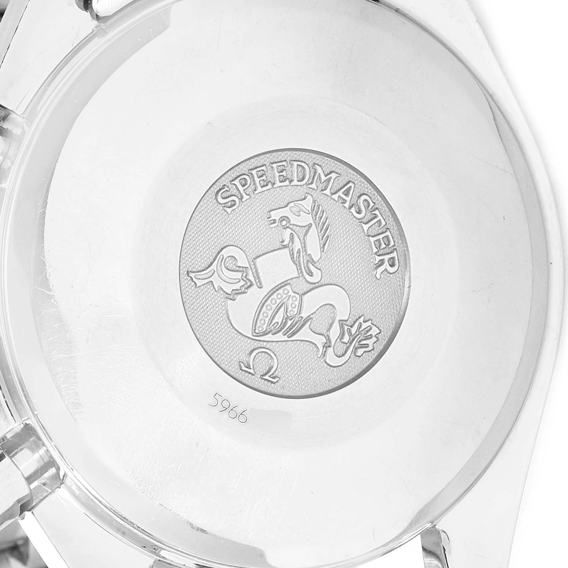 This image shows the back case of an Omega Speedmaster 3523.30.00 Men's Stainless Steel Silver Dial 3523.30.00 Men's Stainless Steel Silver Dial watch, displaying its engraved logo and model name.