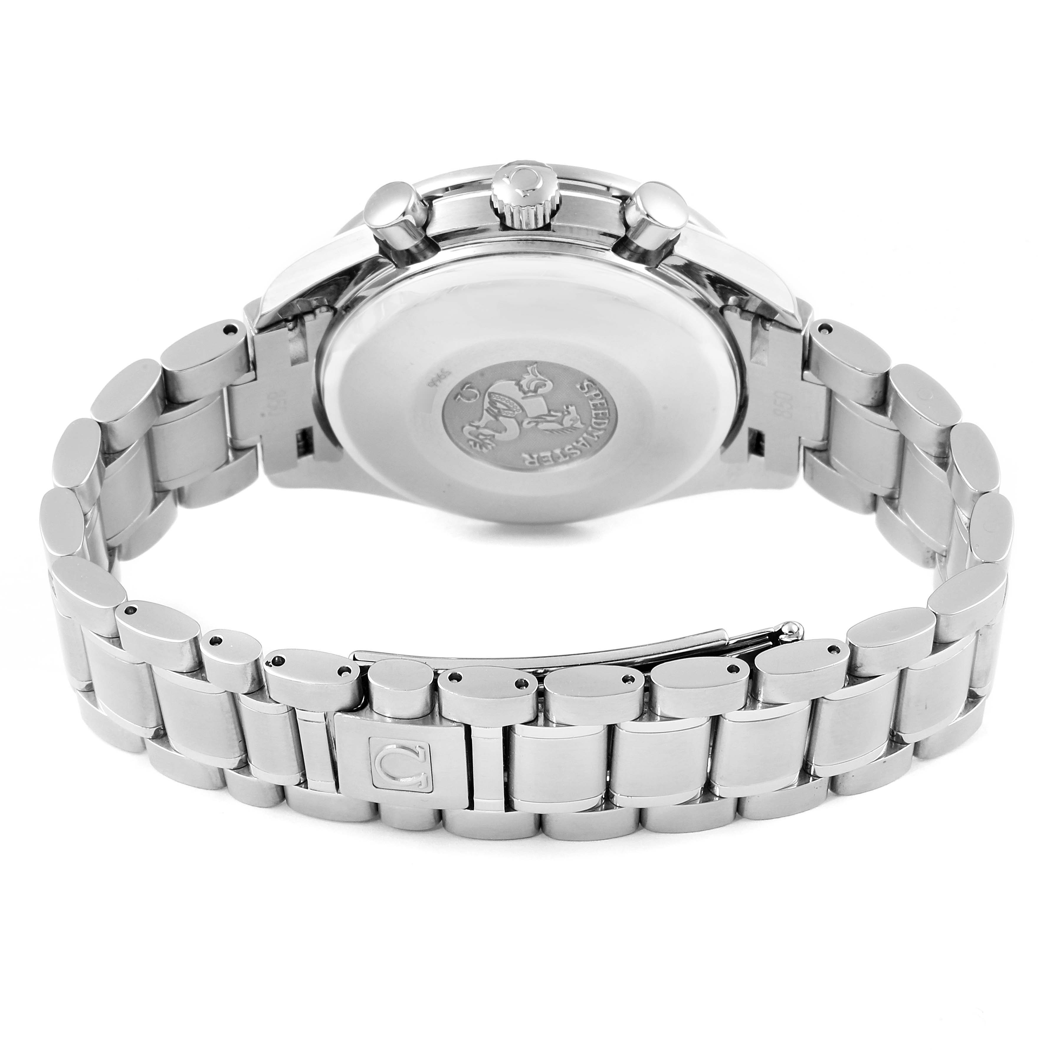 The image shows the back and bracelet of the Omega Speedmaster 3523.30.00 Men's Stainless Steel Silver Dial 3523.30.00 Men's Stainless Steel Silver Dial watch, highlighting the caseback and clasp.