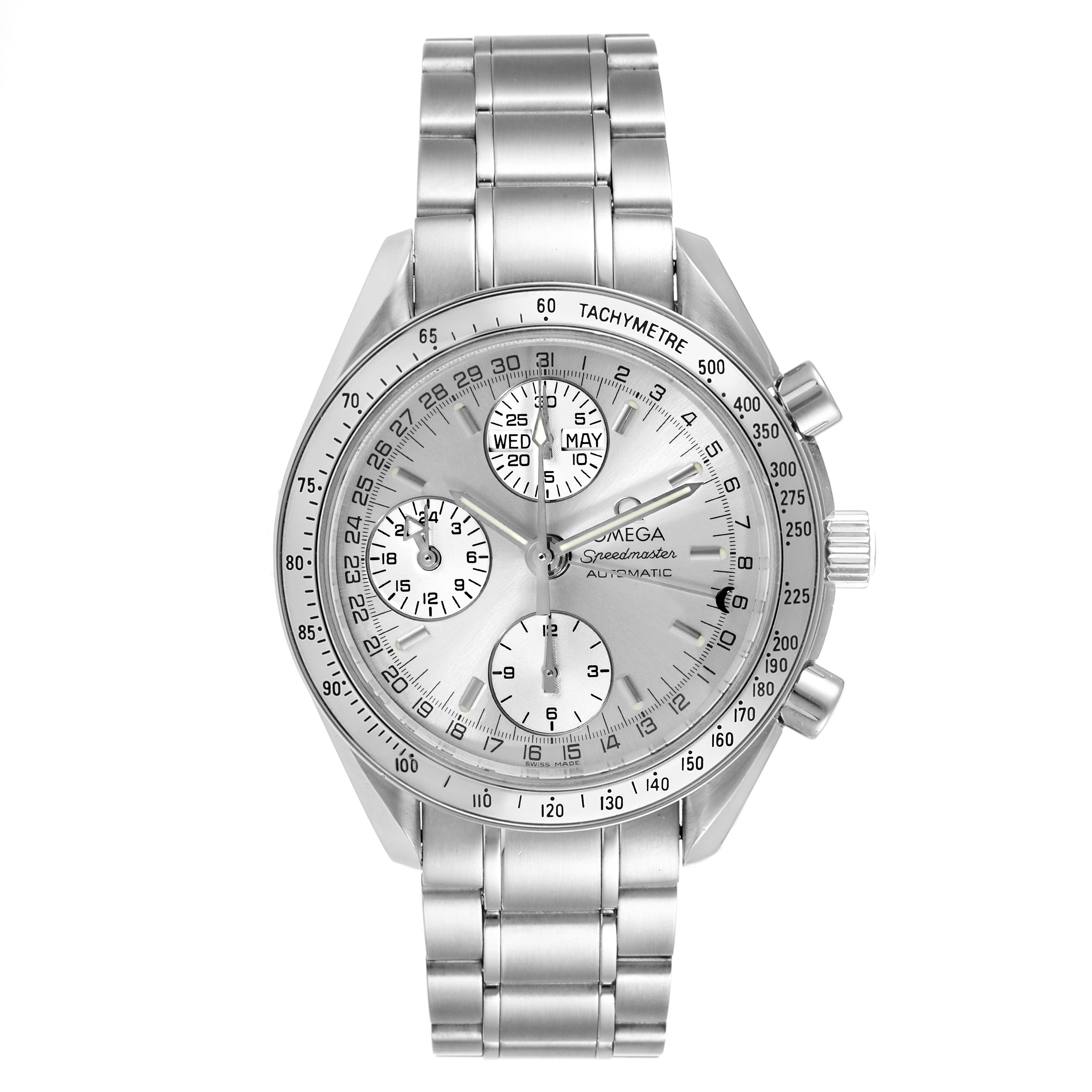 The image shows a front view of an Omega Speedmaster 3523.30.00 Men's Stainless Steel Silver Dial 3523.30.00 Men's Stainless Steel Silver Dial, highlighting the dial, tachymeter bezel, sub-dials, and metal bracelet.