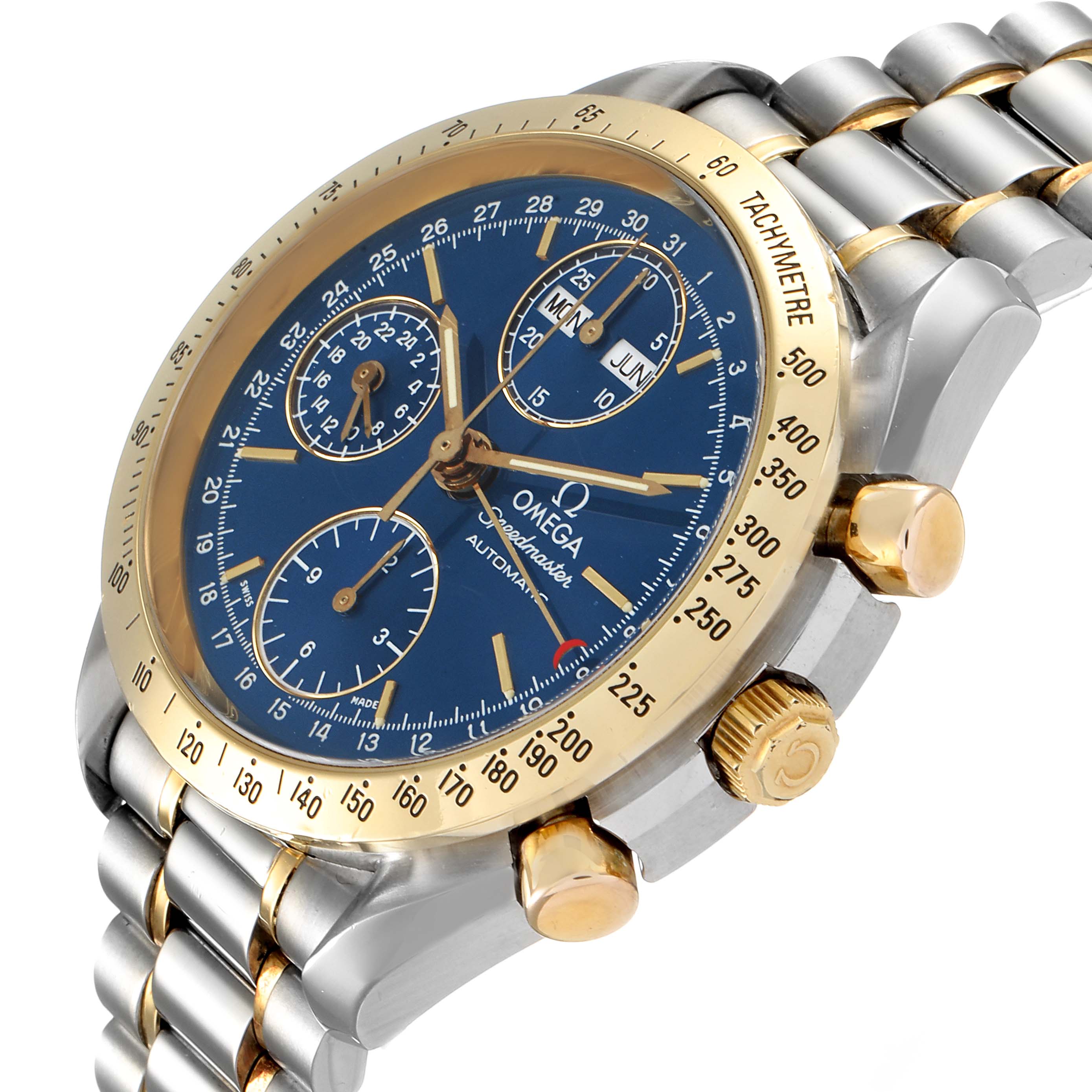 The image shows a close-up side angle of an Omega Speedmaster 3321.80.00 Men's Steel and Gold (two tone) Blue Dial 3321.80.00 Men's Steel and Gold (two tone) Blue Dial watch, highlighting the dial, bezel, and bracelet.