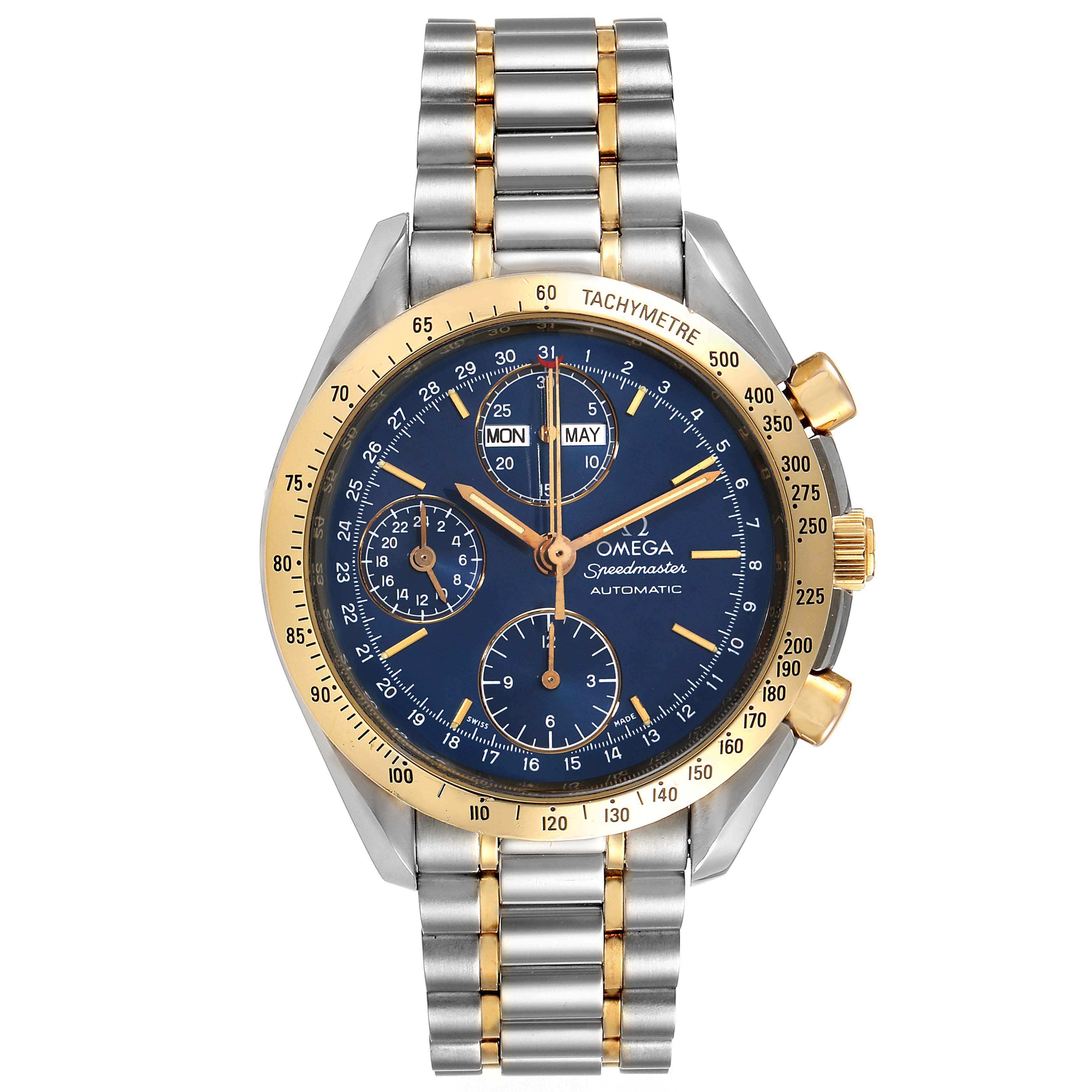 This image shows a front view of an Omega Speedmaster 3321.80.00 Men's Steel and Gold (two tone) Blue Dial 3321.80.00 Men's Steel and Gold (two tone) Blue Dial watch, highlighting the face, bezel, and two-tone bracelet.