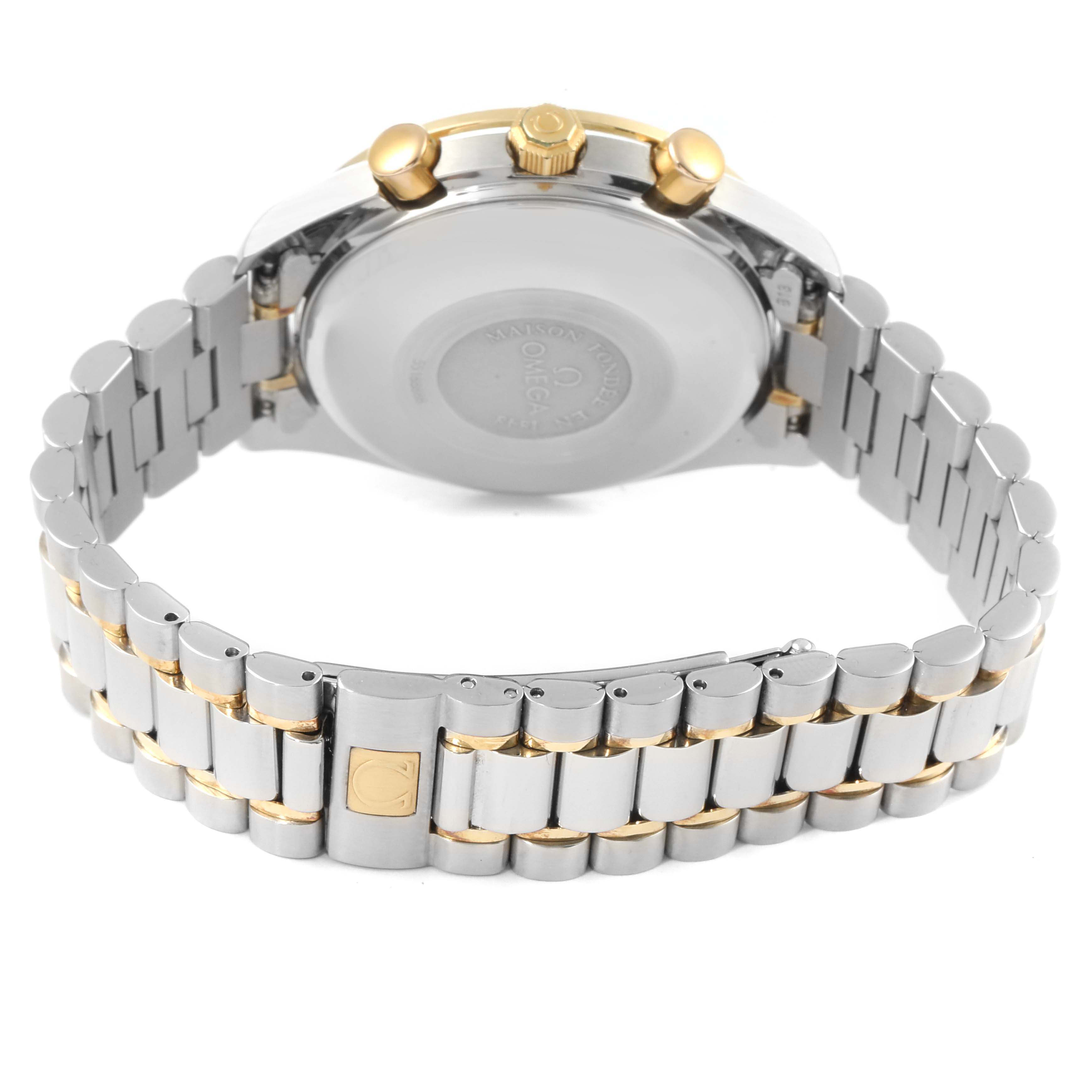 The image shows the back and side view of an Omega Speedmaster 3321.80.00 Men's Steel and Gold (two tone) Blue Dial 3321.80.00 Men's Steel and Gold (two tone) Blue Dial watch, focusing on the clasp, bracelet, and case back.