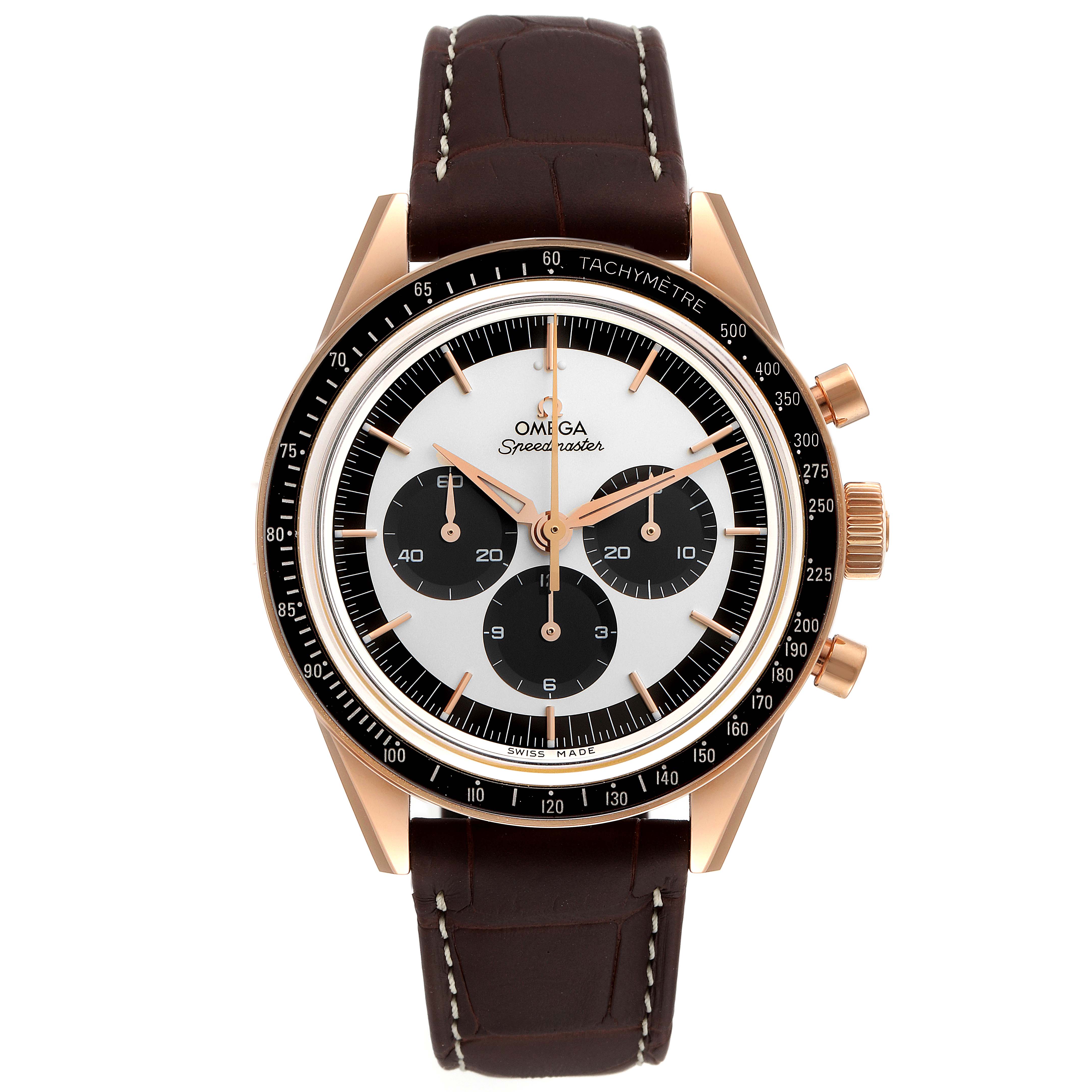 The Omega Speedmaster 311.63.40.30.02.001 Men's Rose Gold Silver Dial 311.63.40.30.02.001 Men's Rose Gold Silver Dial watch is shown from a front angle, highlighting its dial, bezel, and leather strap.