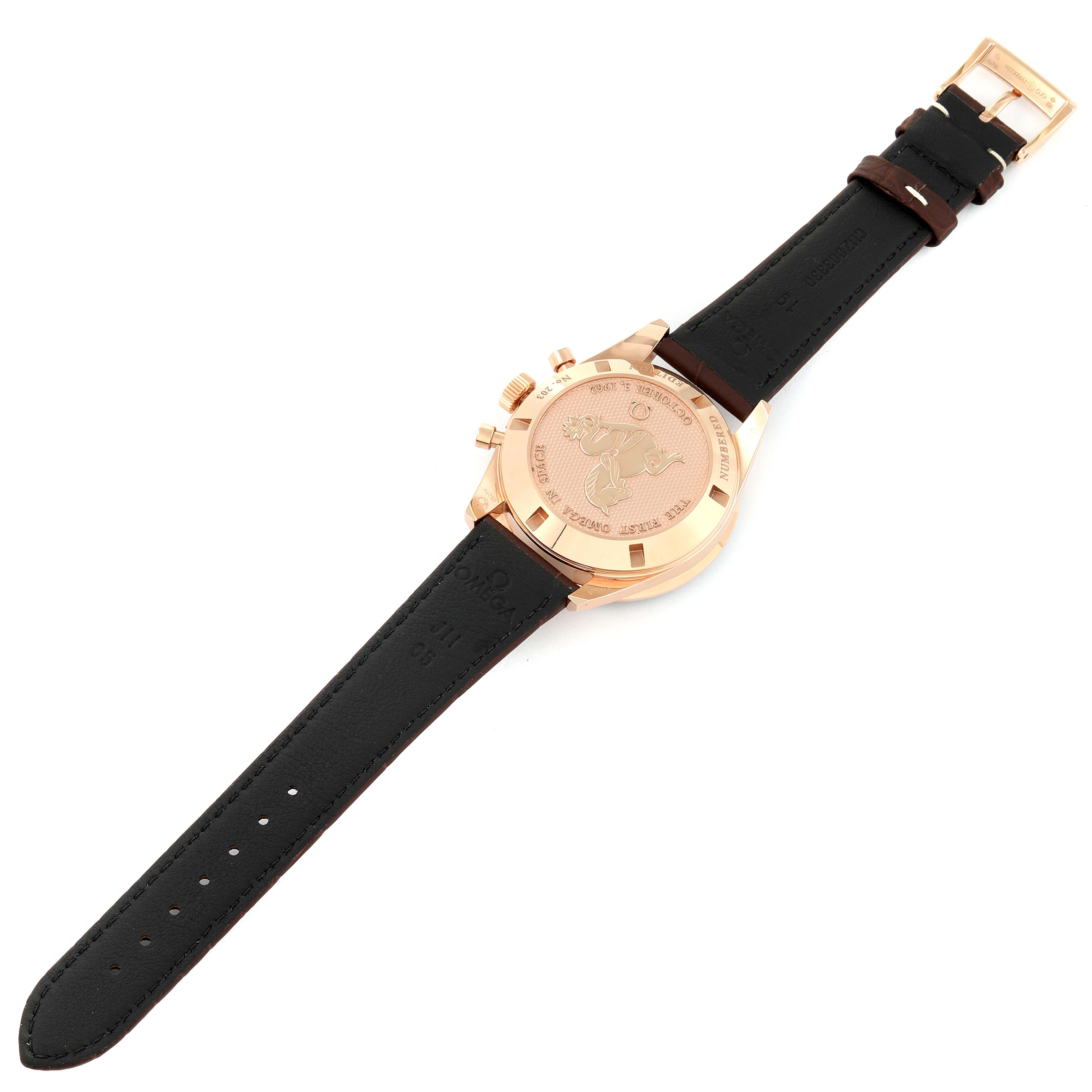 The image shows the back side of an Omega Speedmaster 311.63.40.30.02.001 Men's Rose Gold Silver Dial 311.63.40.30.02.001 Men's Rose Gold Silver Dial watch, highlighting its case back, straps, and clasp.