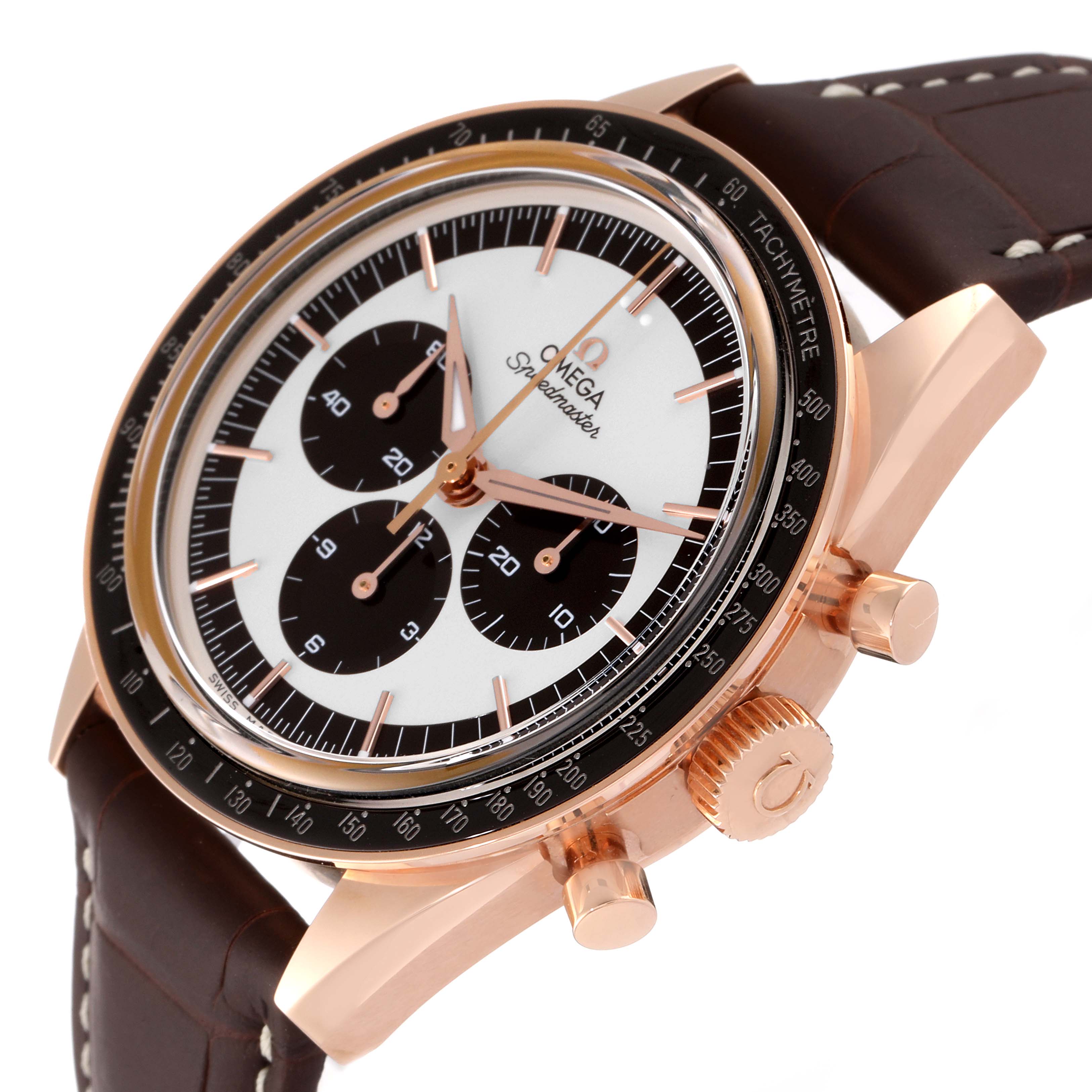 The Omega Speedmaster 311.63.40.30.02.001 Men's Rose Gold Silver Dial 311.63.40.30.02.001 Men's Rose Gold Silver Dial watch is shown from an angled side view displaying its dial, crown, pushers, and strap.