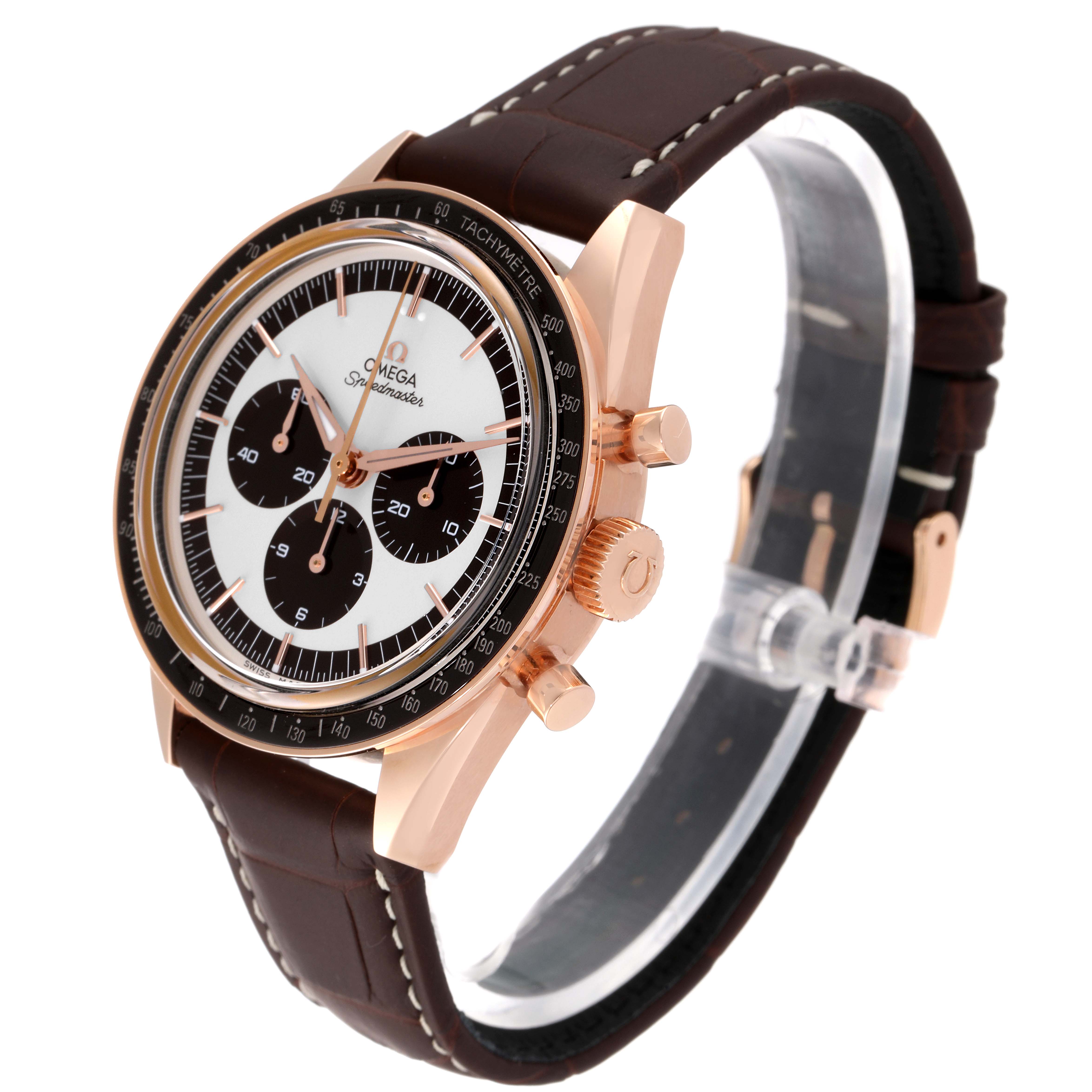 The Omega Speedmaster 311.63.40.30.02.001 Men's Rose Gold Silver Dial 311.63.40.30.02.001 Men's Rose Gold Silver Dial watch is shown at a 3/4 angle, highlighting the dial, bezel, crown, pushers, and brown leather strap.
