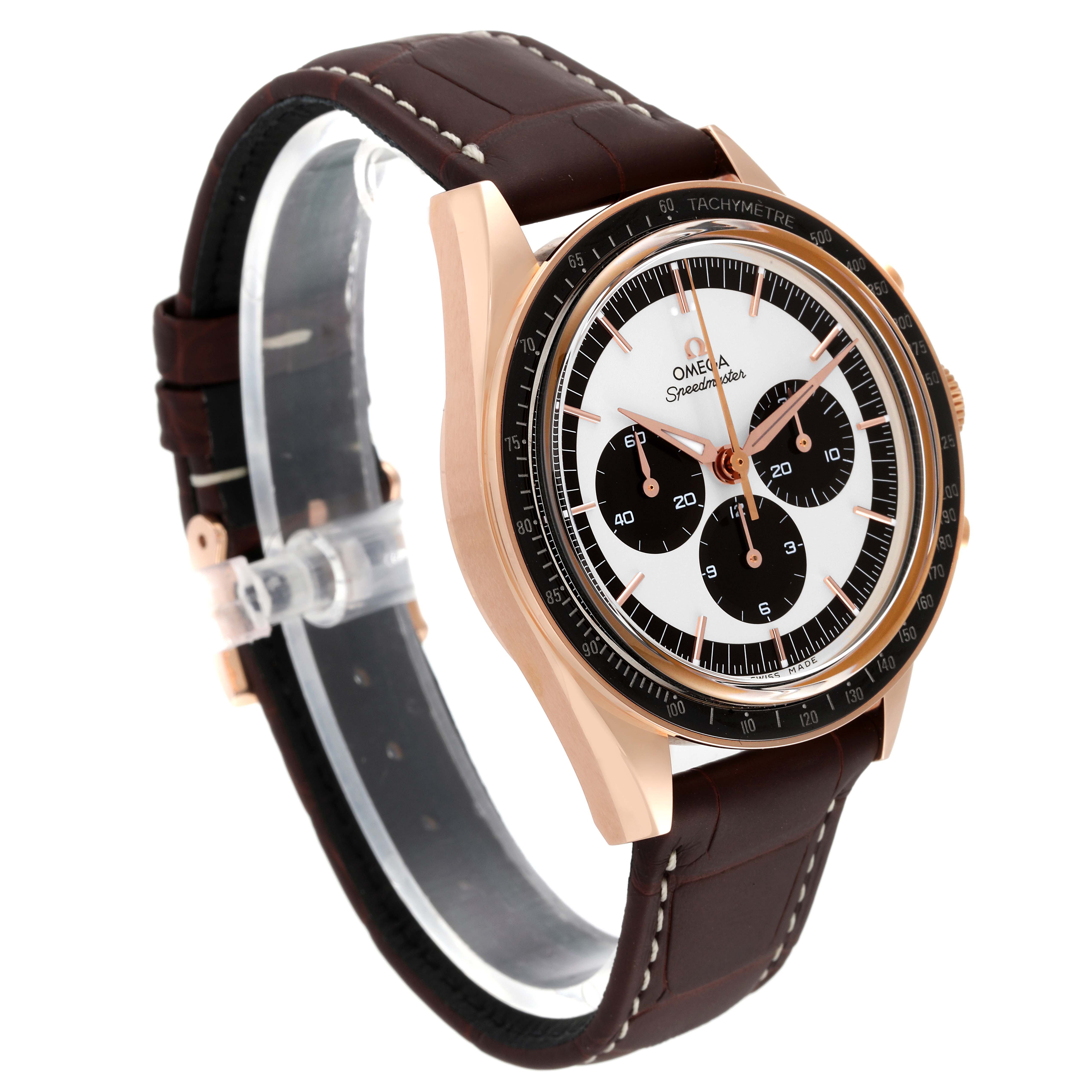 The Omega Speedmaster 311.63.40.30.02.001 Men's Rose Gold Silver Dial 311.63.40.30.02.001 Men's Rose Gold Silver Dial watch is shown at a three-quarter angle, displaying the face, tachymeter bezel, and strap.