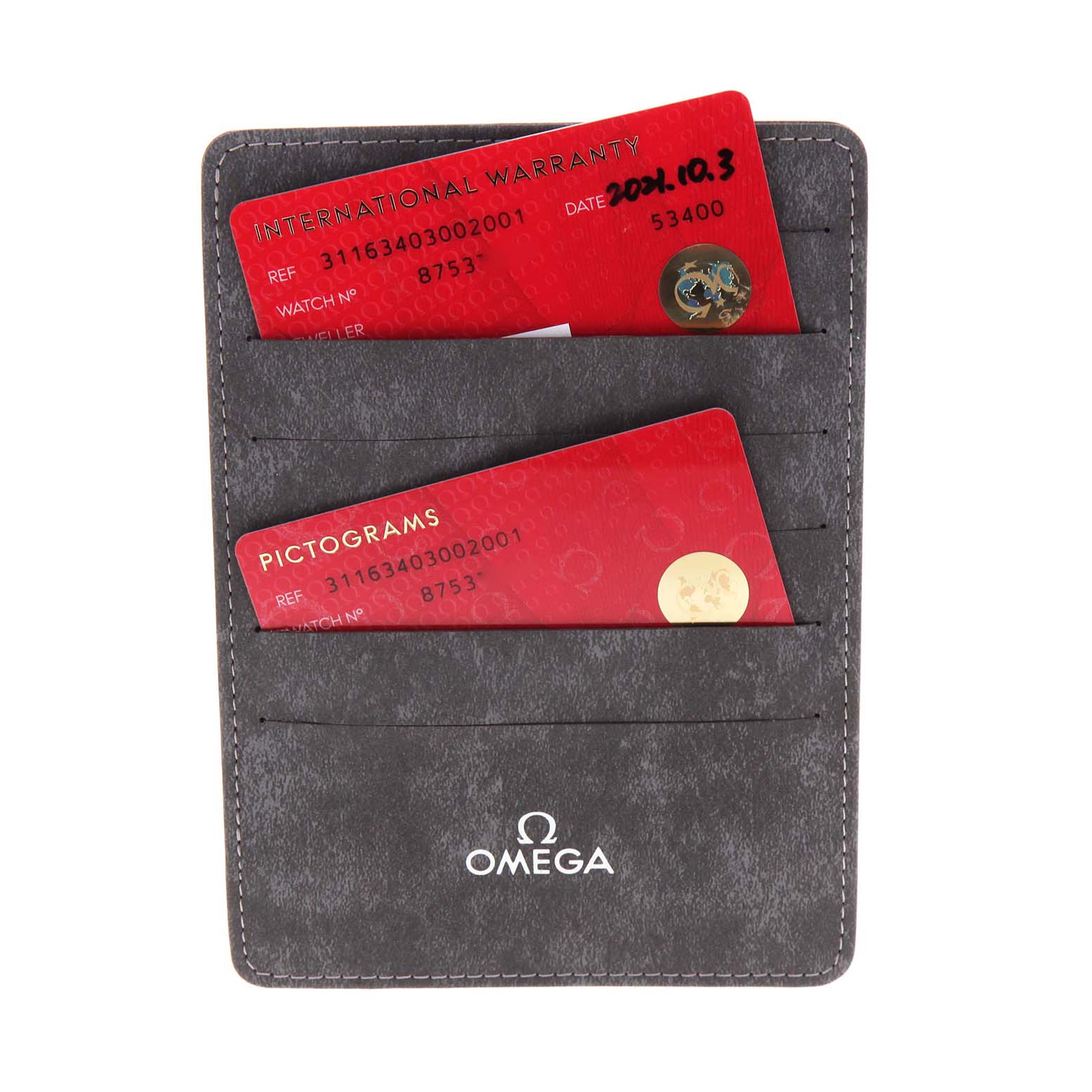 This image shows the International Warranty and Pictograms cards for the Omega Speedmaster 311.63.40.30.02.001 Men's Rose Gold Silver Dial 311.63.40.30.02.001 Men's Rose Gold Silver Dial, placed in an Omega cardholder.