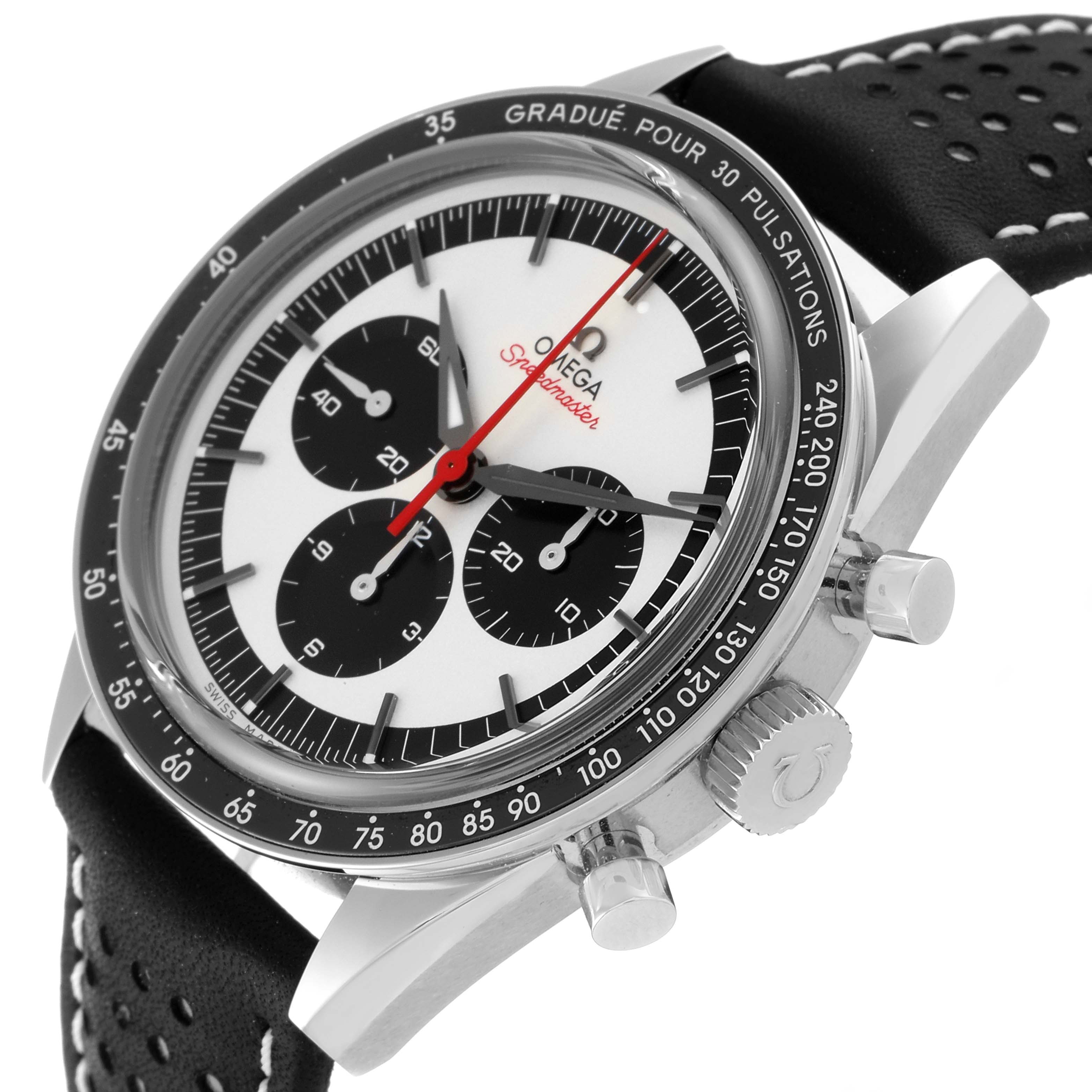 This image shows an angled view of the Omega Speedmaster 311.32.40.30.02.001 Men's Stainless Steel Silver Dial 311.32.40.30.02.001 Men's Stainless Steel Silver Dial watch, highlighting the dial, crown, and perforated leather strap.