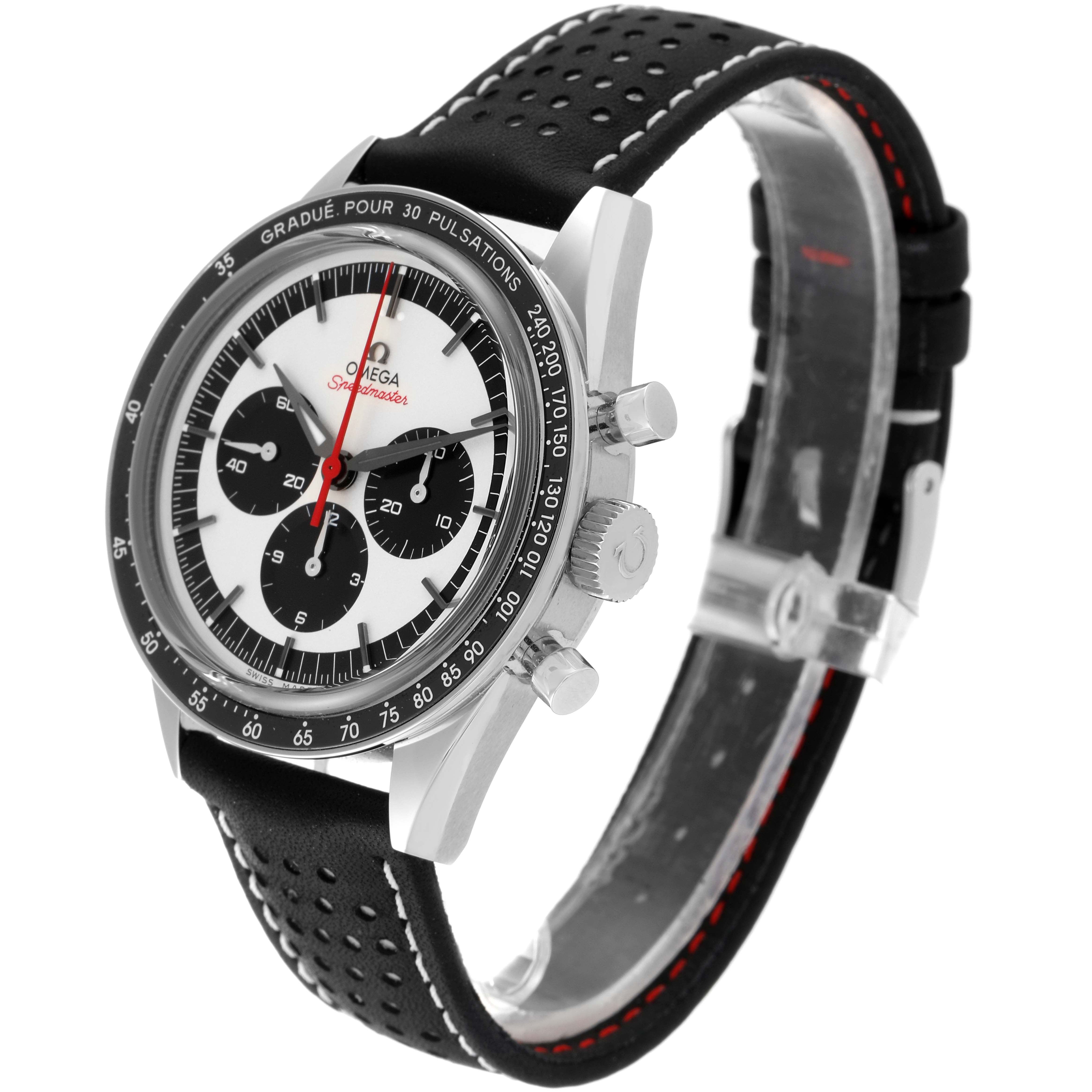 The image shows an angled view of an Omega Speedmaster 311.32.40.30.02.001 Men's Stainless Steel Silver Dial 311.32.40.30.02.001 Men's Stainless Steel Silver Dial watch, highlighting the dial, bezel, pushers, and perforated black strap.