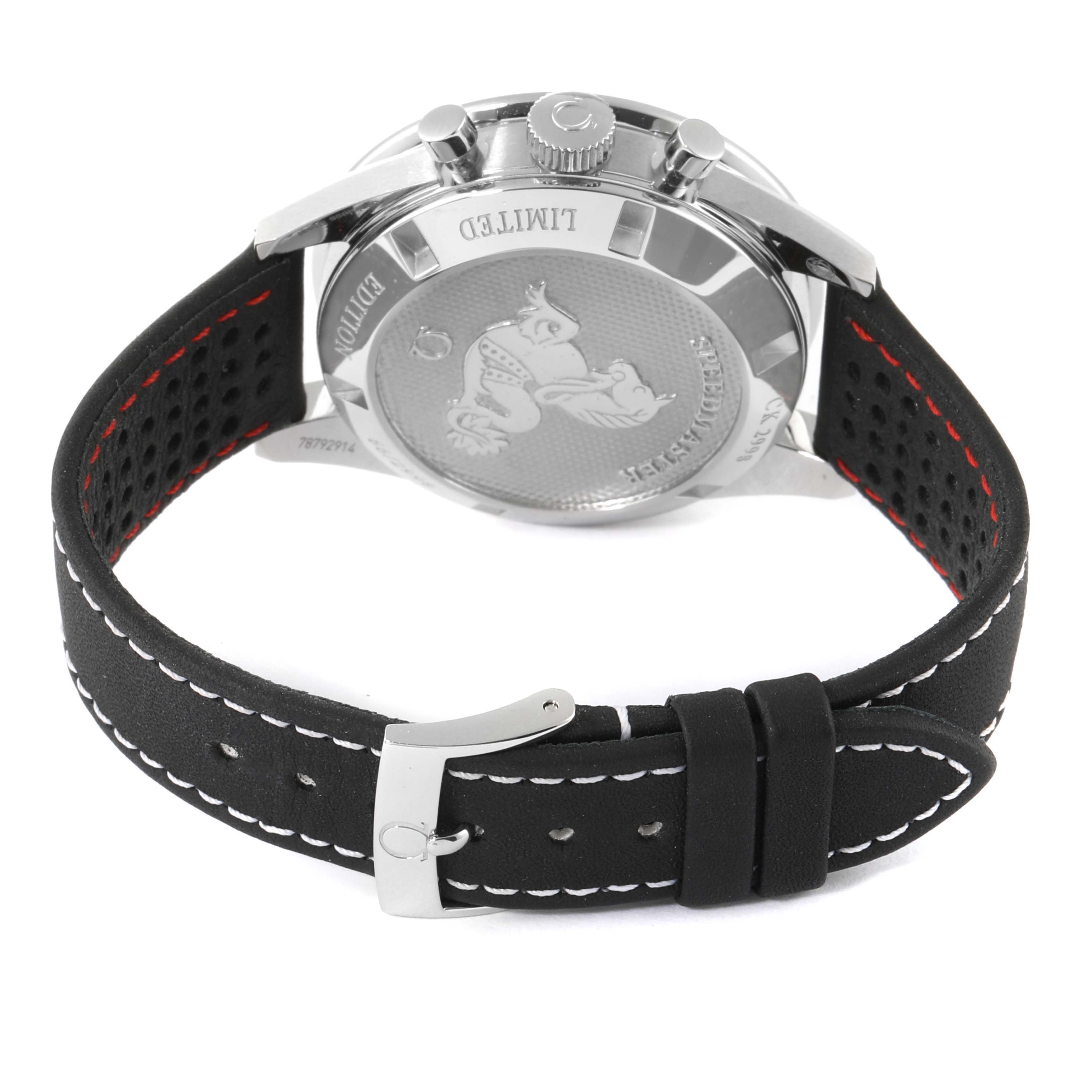 The image shows the back case, crown, and strap of an Omega Speedmaster 311.32.40.30.02.001 Men's Stainless Steel Silver Dial 311.32.40.30.02.001 Men's Stainless Steel Silver Dial watch.