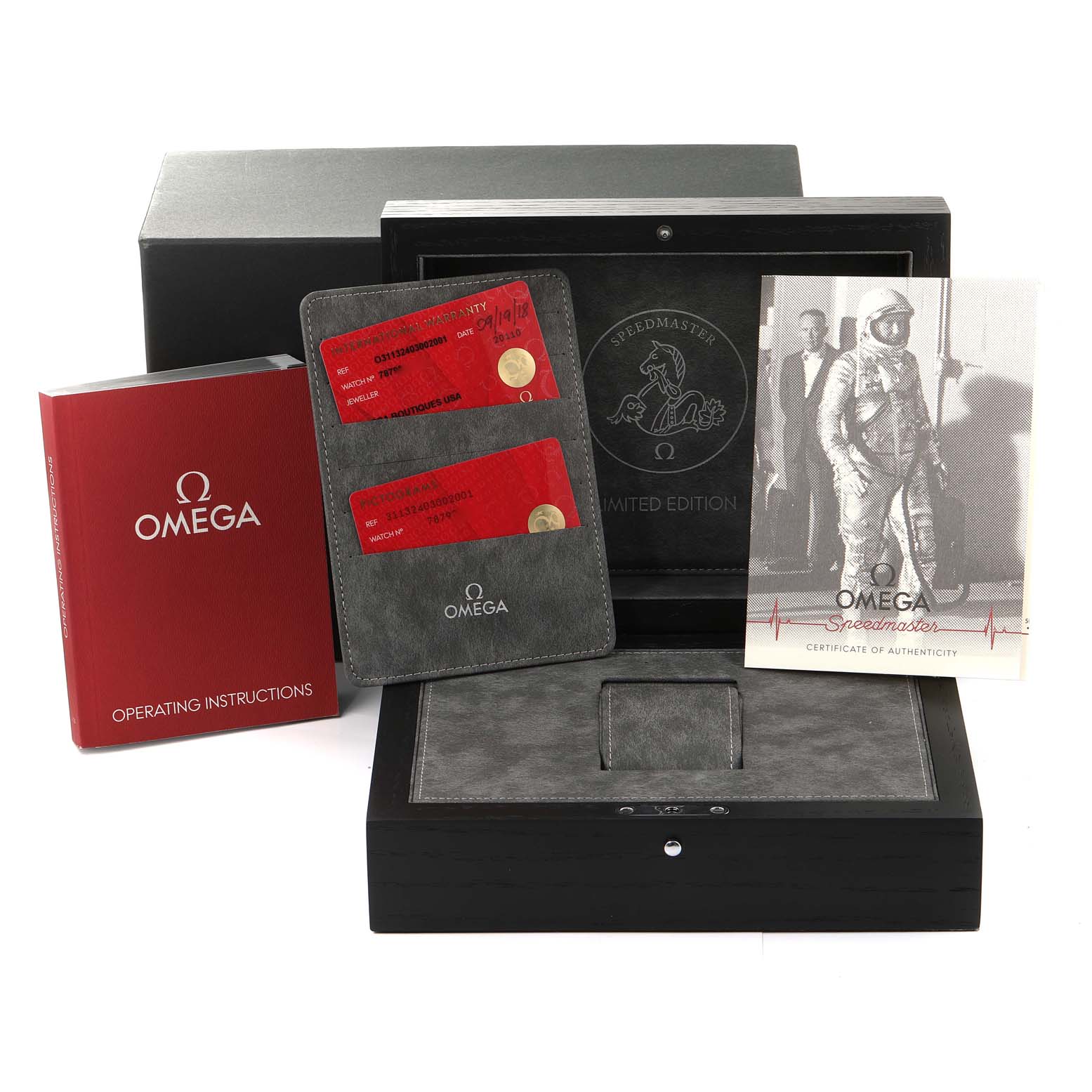 The image displays Omega Speedmaster 311.32.40.30.02.001 Men's Stainless Steel Silver Dial 311.32.40.30.02.001 Men's Stainless Steel Silver Dial watch accessories, including the box, manual, authenticity cards, and certificate.