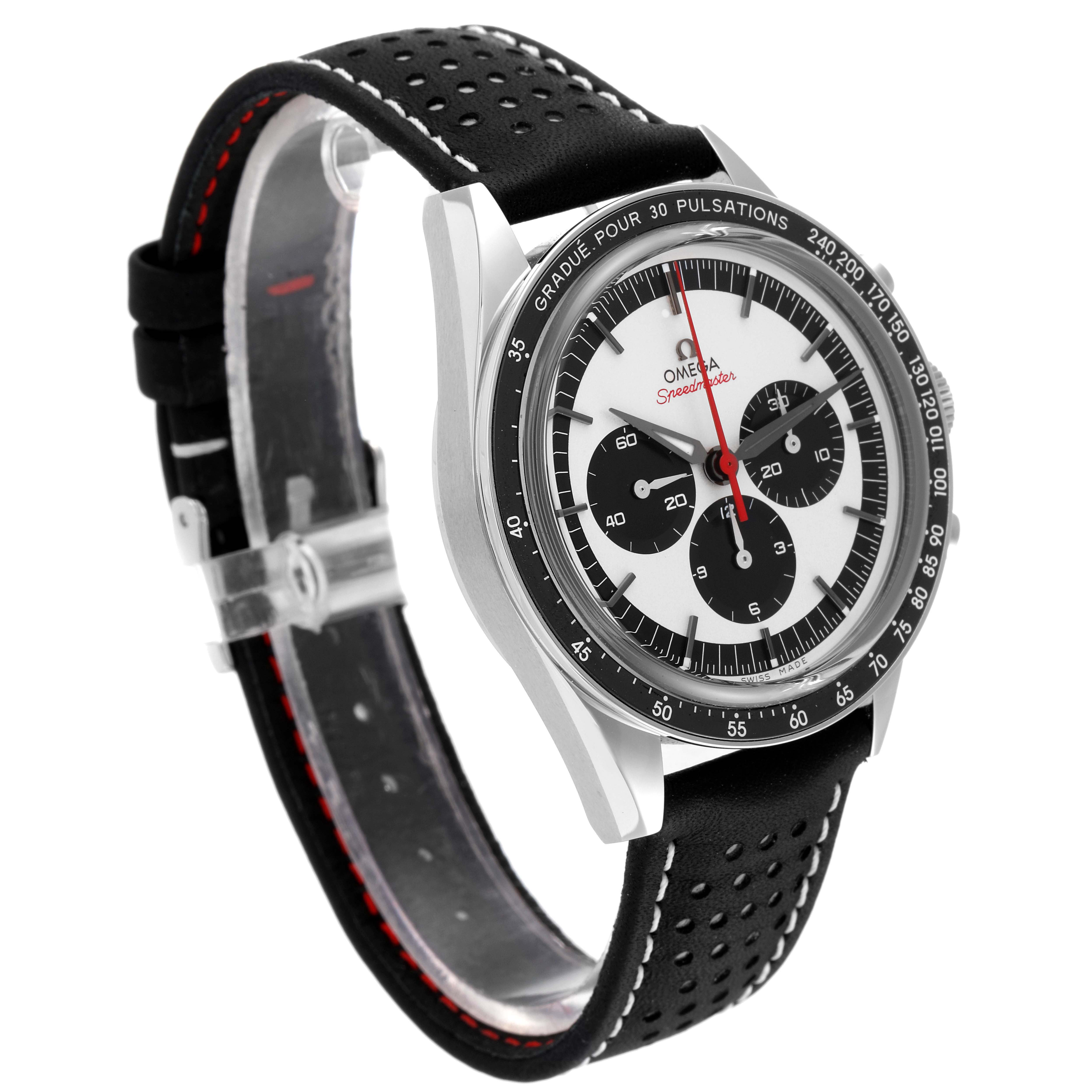 The Omega Speedmaster 311.32.40.30.02.001 Men's Stainless Steel Silver Dial 311.32.40.30.02.001 Men's Stainless Steel Silver Dial watch is shown at an angle highlighting its dial, bezel, and part of the perforated black leather strap.