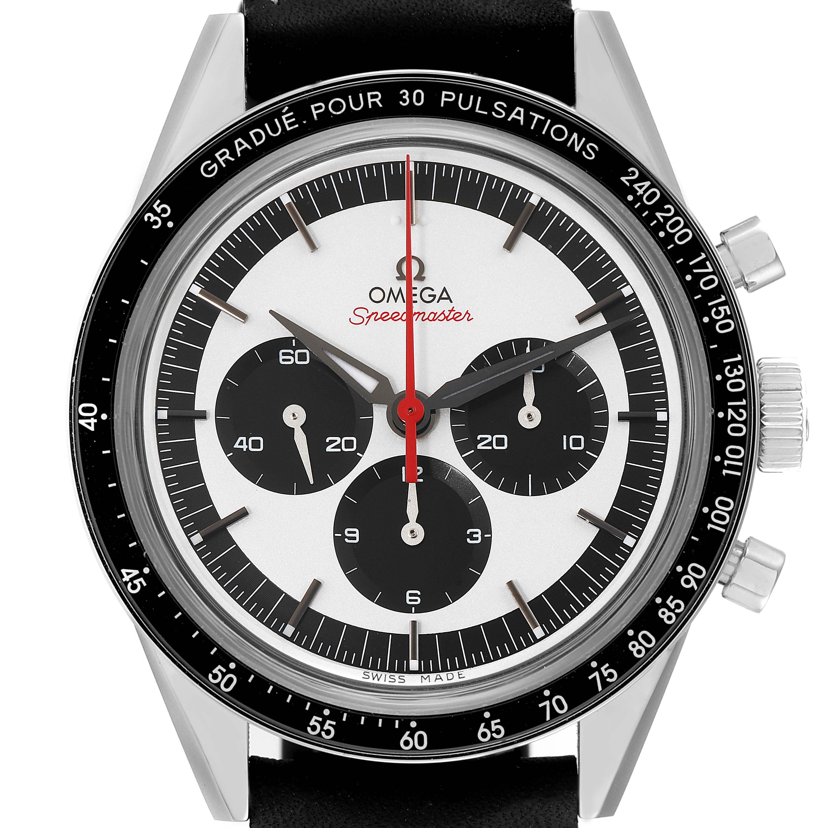 This Omega Speedmaster 311.32.40.30.02.001 Men's Stainless Steel Silver Dial 311.32.40.30.02.001 Men's Stainless Steel Silver Dial watch is shown from a front angle, displaying its dial, sub-dials, hands, and bezel.