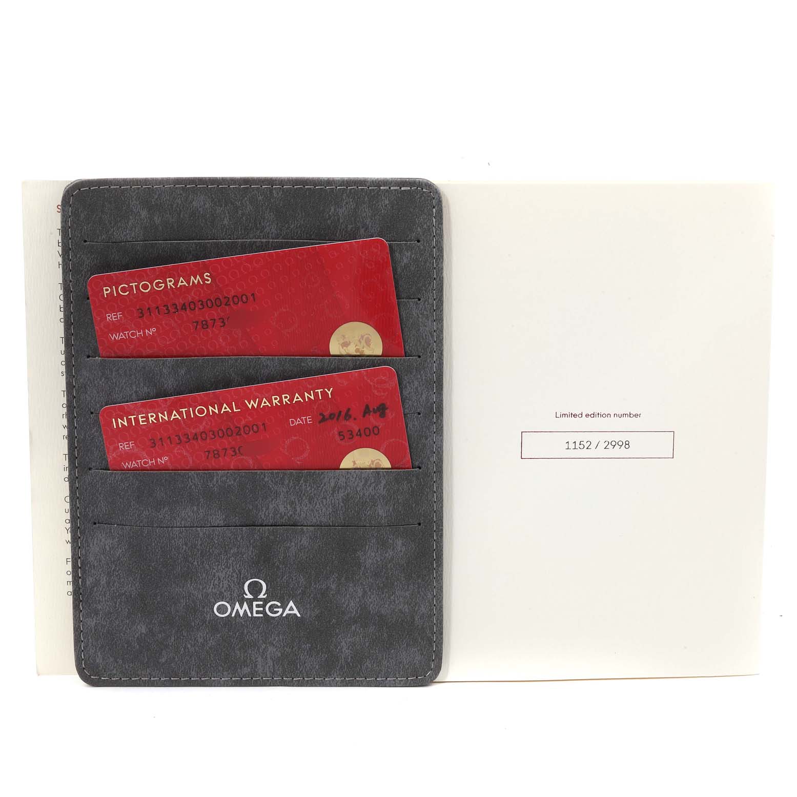 The image shows the Omega Speedmaster 311.33.40.30.02.001 Men's Stainless Steel Silver Dial 311.33.40.30.02.001 Men's Stainless Steel Silver Dial warranty card holder with pictogram and international warranty cards, and a limited edition number card.