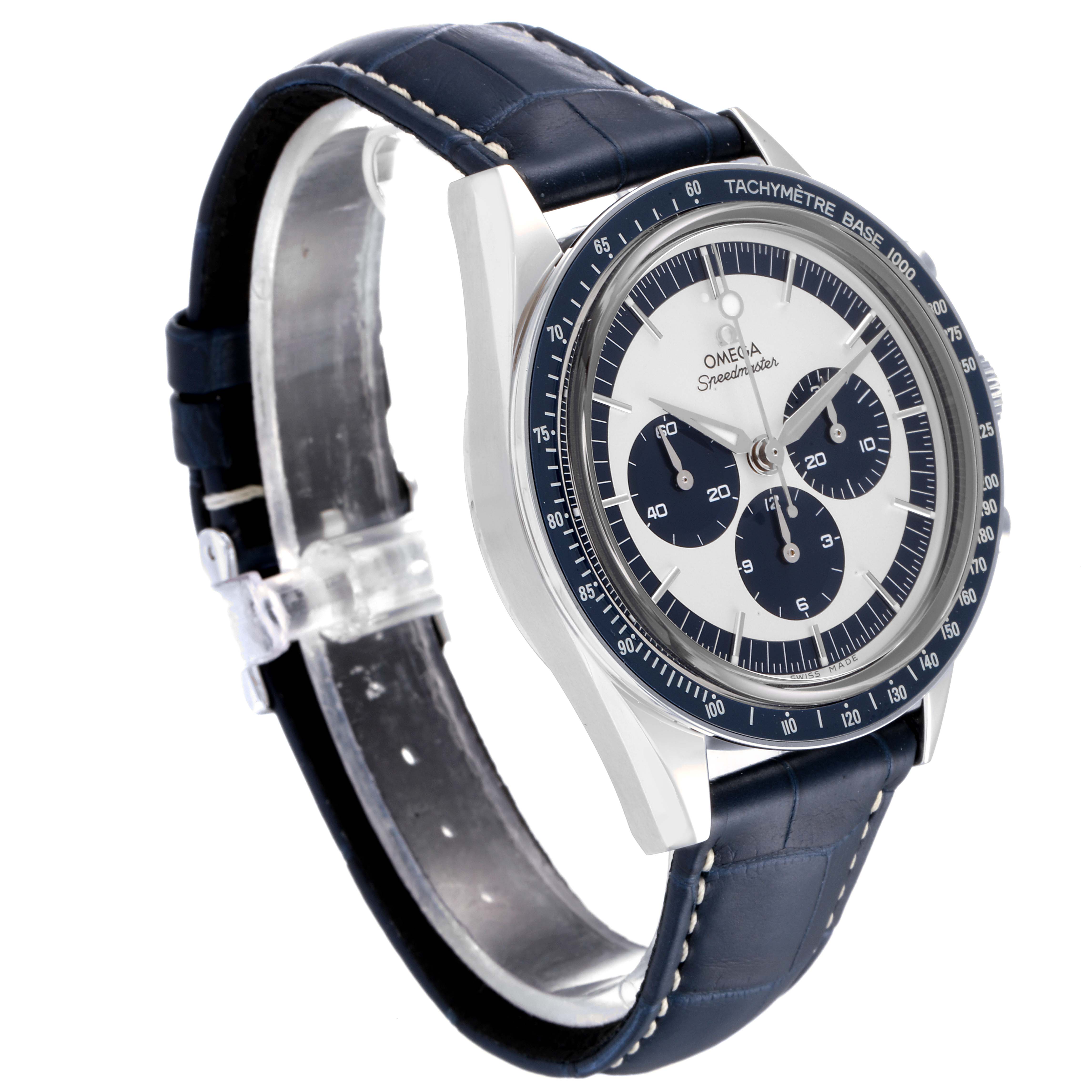 The image shows a side angled view of the Omega Speedmaster 311.33.40.30.02.001 Men's Stainless Steel Silver Dial 311.33.40.30.02.001 Men's Stainless Steel Silver Dial watch with a focus on its dial, bezel, and leather strap.