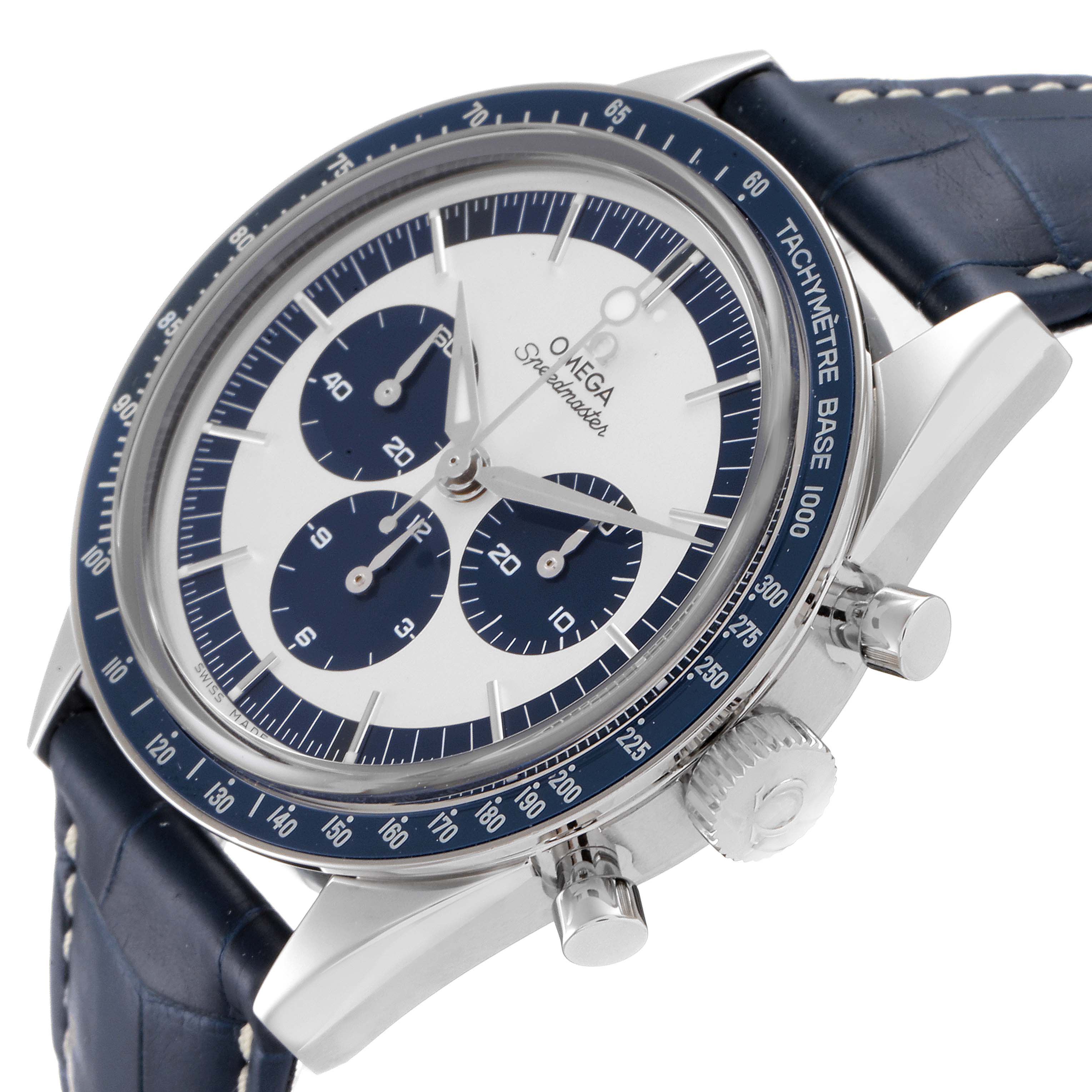 The Omega Speedmaster 311.33.40.30.02.001 Men's Stainless Steel Silver Dial 311.33.40.30.02.001 Men's Stainless Steel Silver Dial watch is shown at an angle, highlighting the dial, bezel, crown, chronograph subdials, and leather strap.