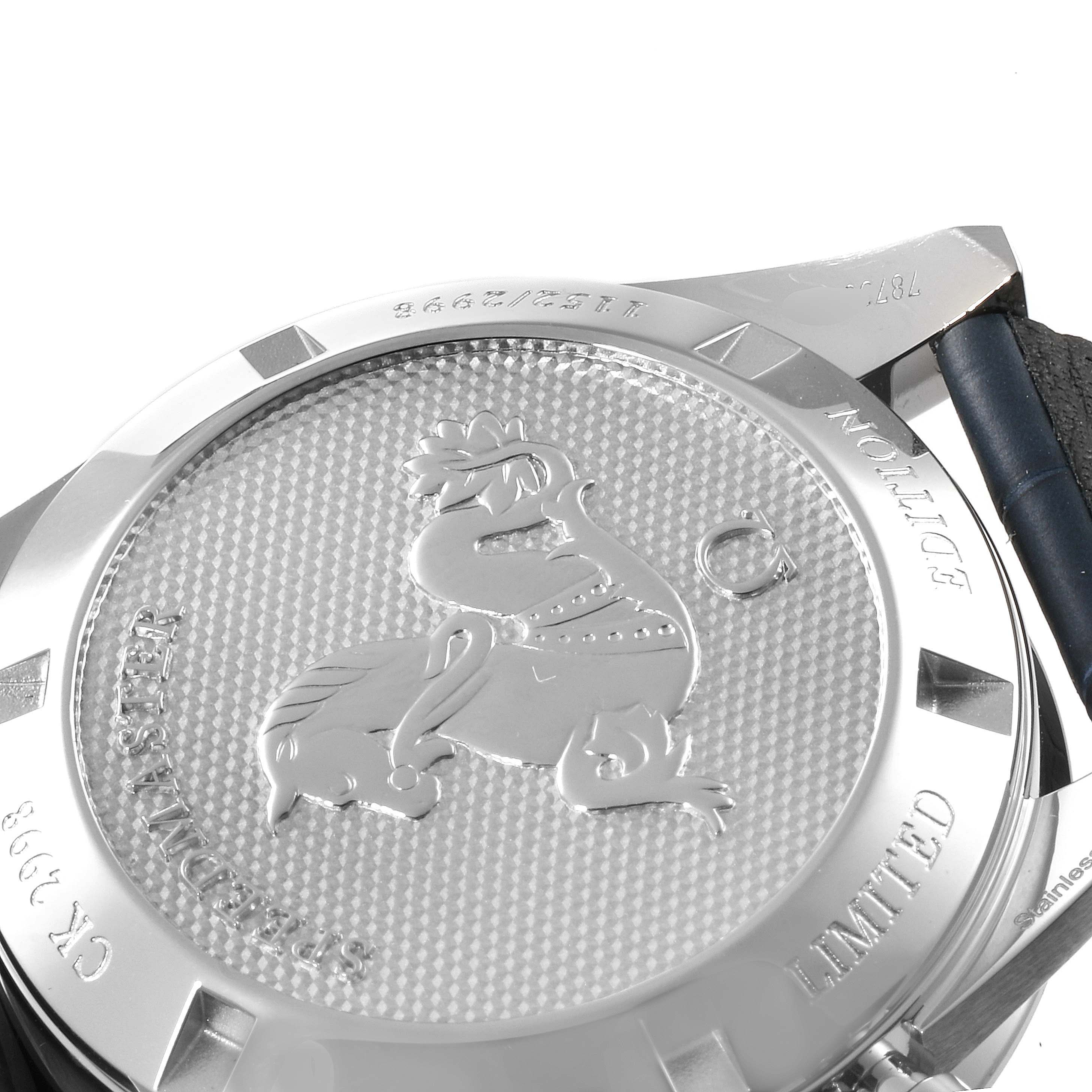 The image shows the engraved case back of an Omega Speedmaster 311.33.40.30.02.001 Men's Stainless Steel Silver Dial 311.33.40.30.02.001 Men's Stainless Steel Silver Dial watch from an angled side view.