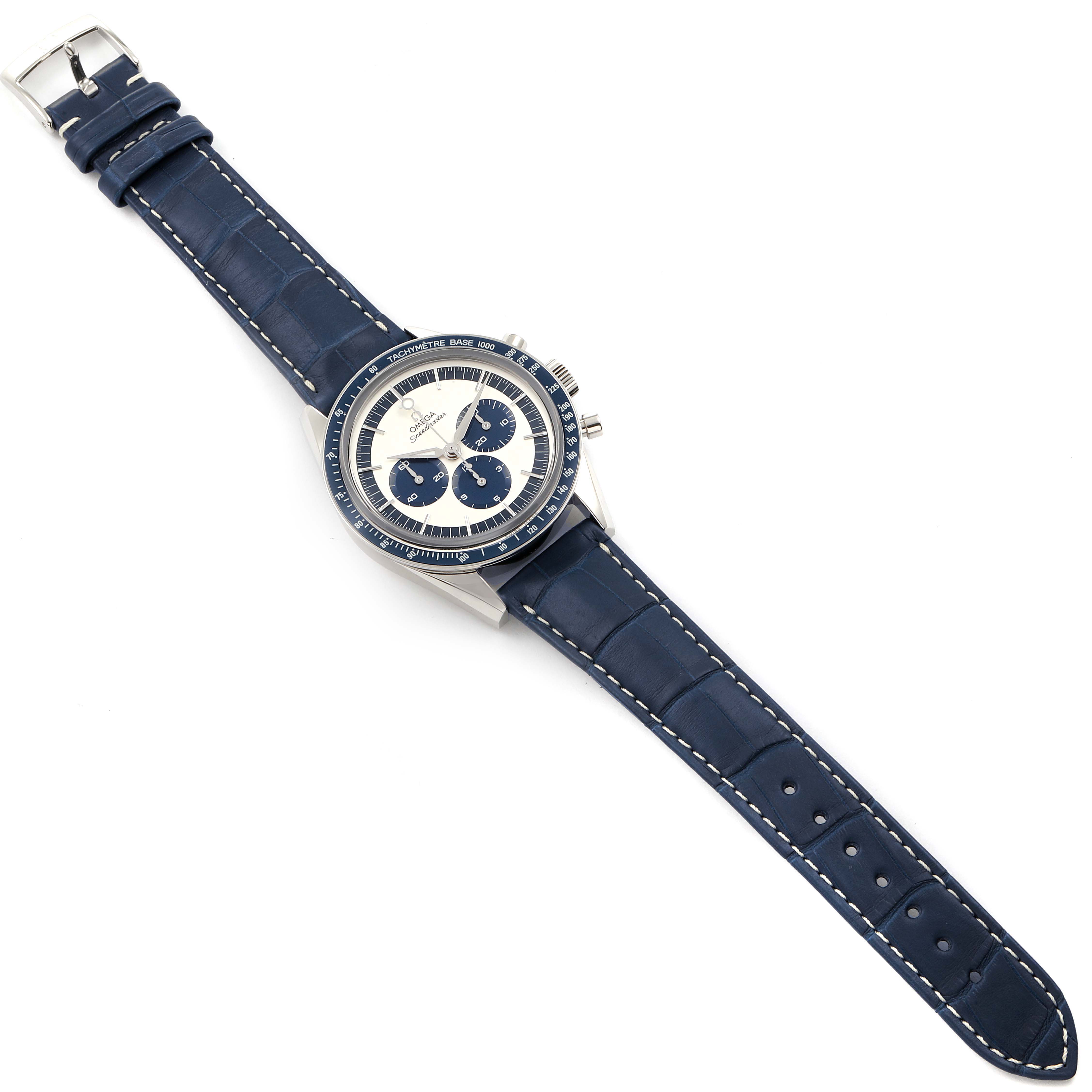 The Omega Speedmaster 311.33.40.30.02.001 Men's Stainless Steel Silver Dial 311.33.40.30.02.001 Men's Stainless Steel Silver Dial watch is shown from a top-down angle, highlighting its blue dial, bezel, and leather strap.