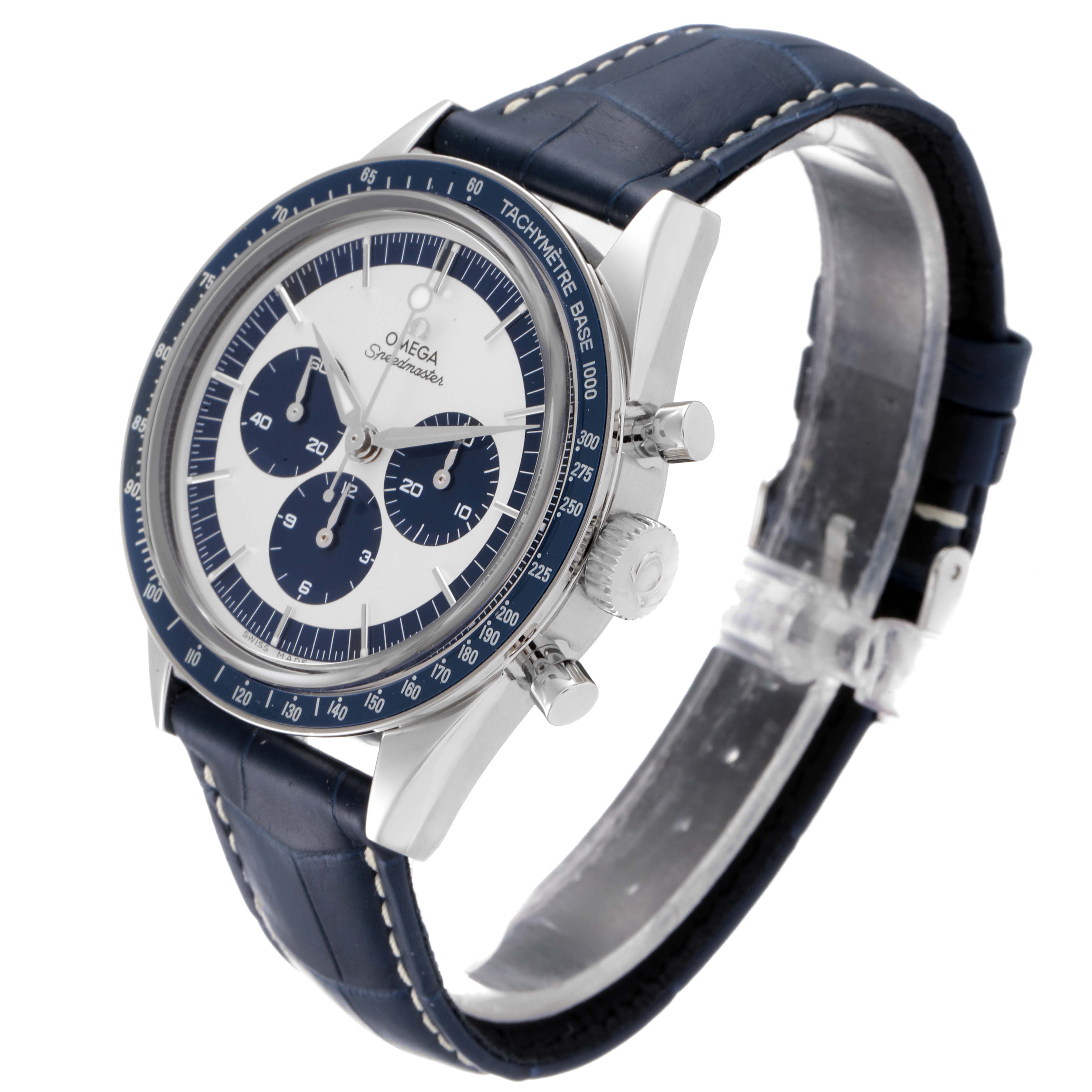 The Omega Speedmaster 311.33.40.30.02.001 Men's Stainless Steel Silver Dial 311.33.40.30.02.001 Men's Stainless Steel Silver Dial watch is shown at a three-quarter angle, highlighting its face, bezel, crown, and leather strap.