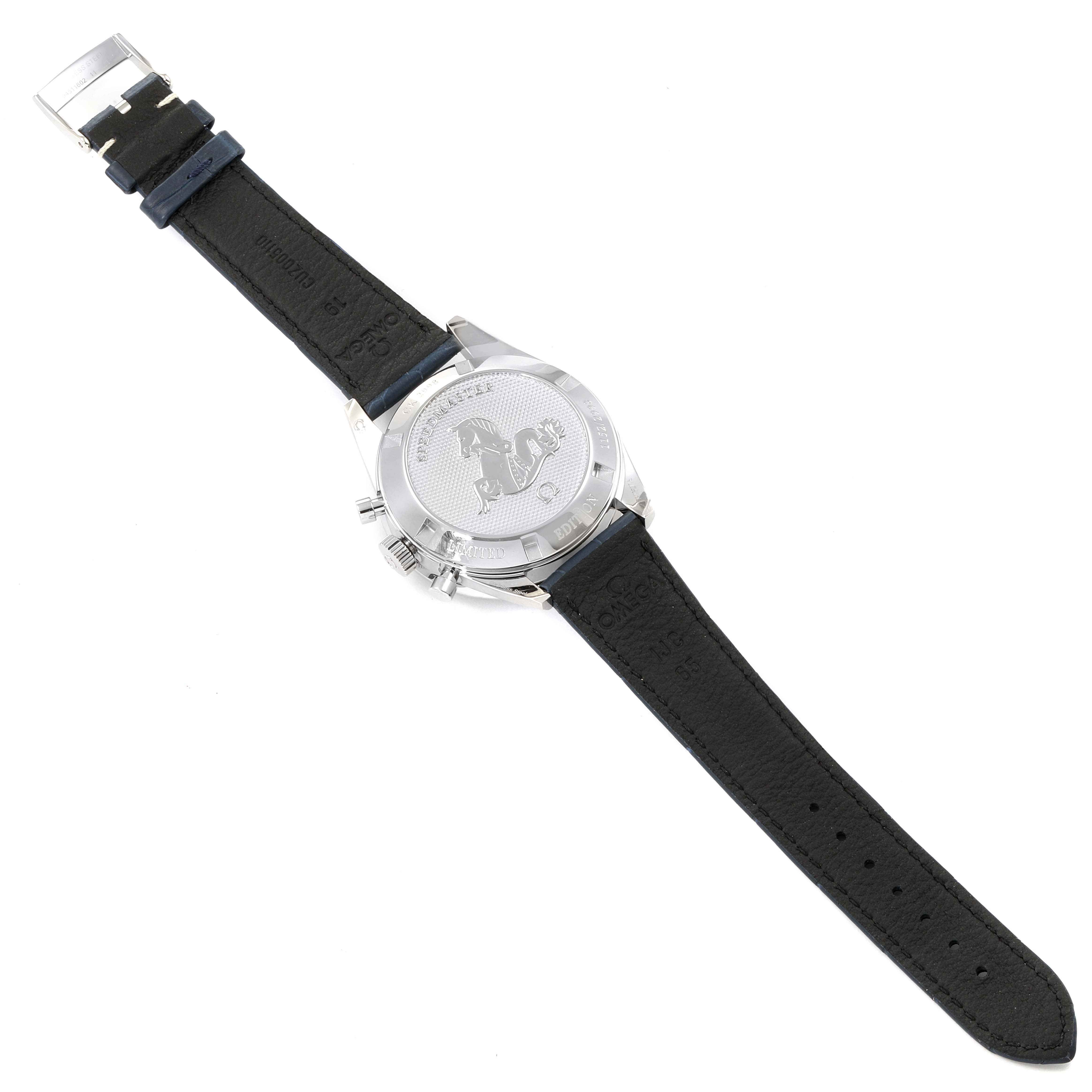 The image shows an Omega Speedmaster 311.33.40.30.02.001 Men's Stainless Steel Silver Dial 311.33.40.30.02.001 Men's Stainless Steel Silver Dial watch from the back angle, highlighting the engraved case back and leather strap.